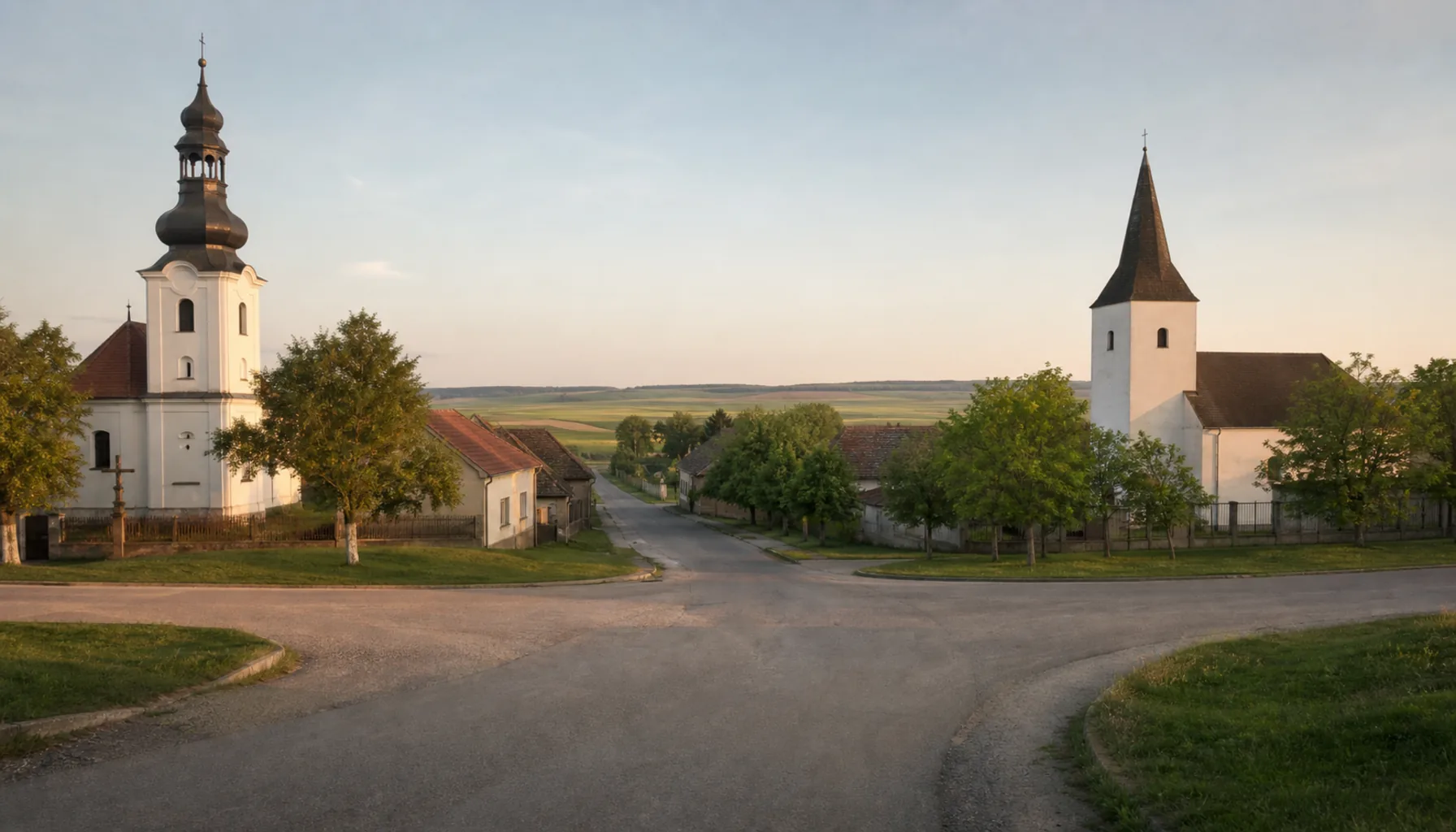 A village crossroads with a Catholic church and a Reformed one facing each other