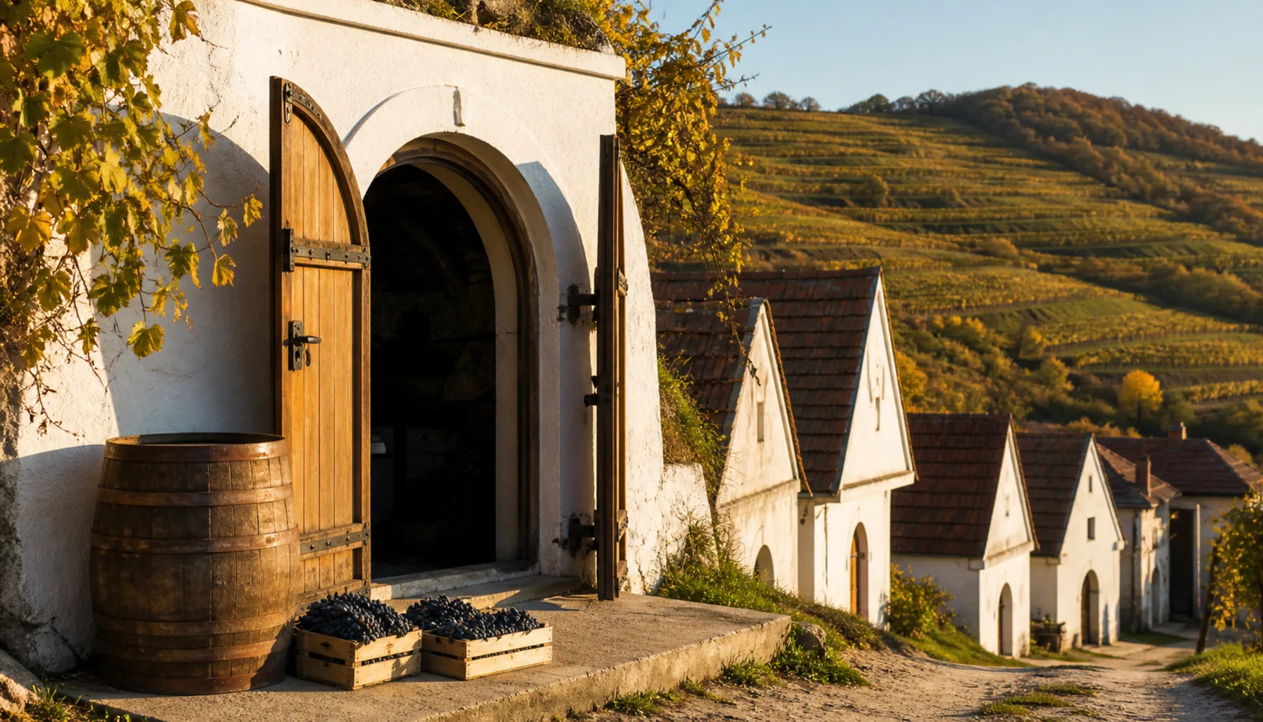 An open cellar door in a Small Carpathians wine village on an autumn afternoon