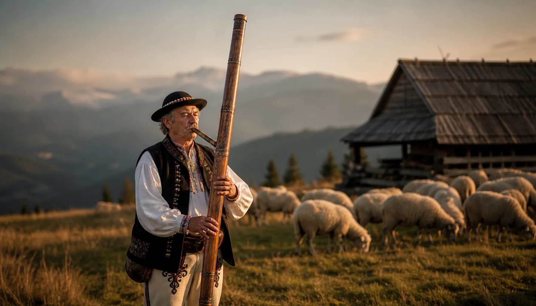 A shepherd sounds the fujara — the man-tall overtone flute of central Slovakia