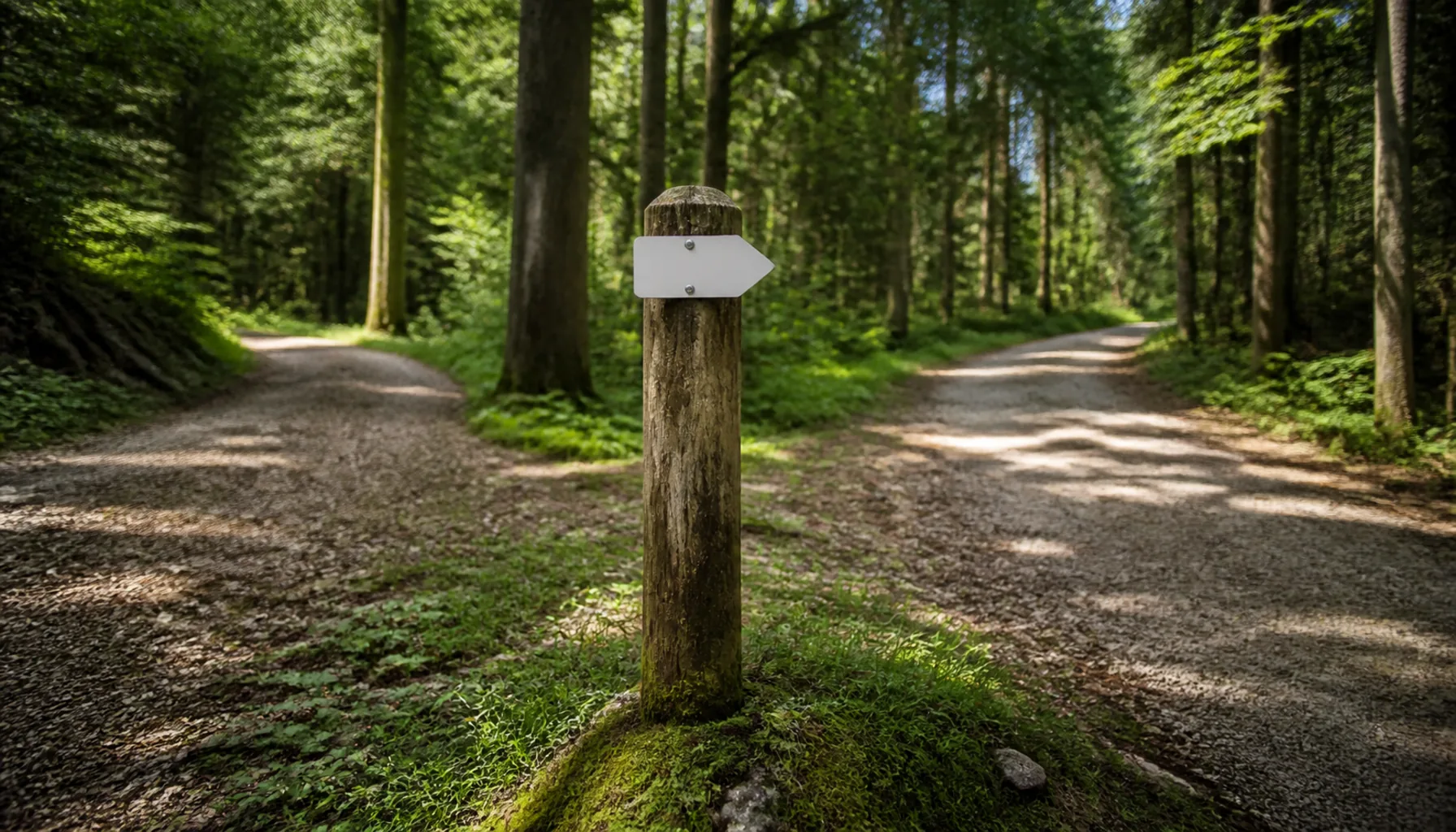 A waymarked cycle route sign at a junction of forest tracks