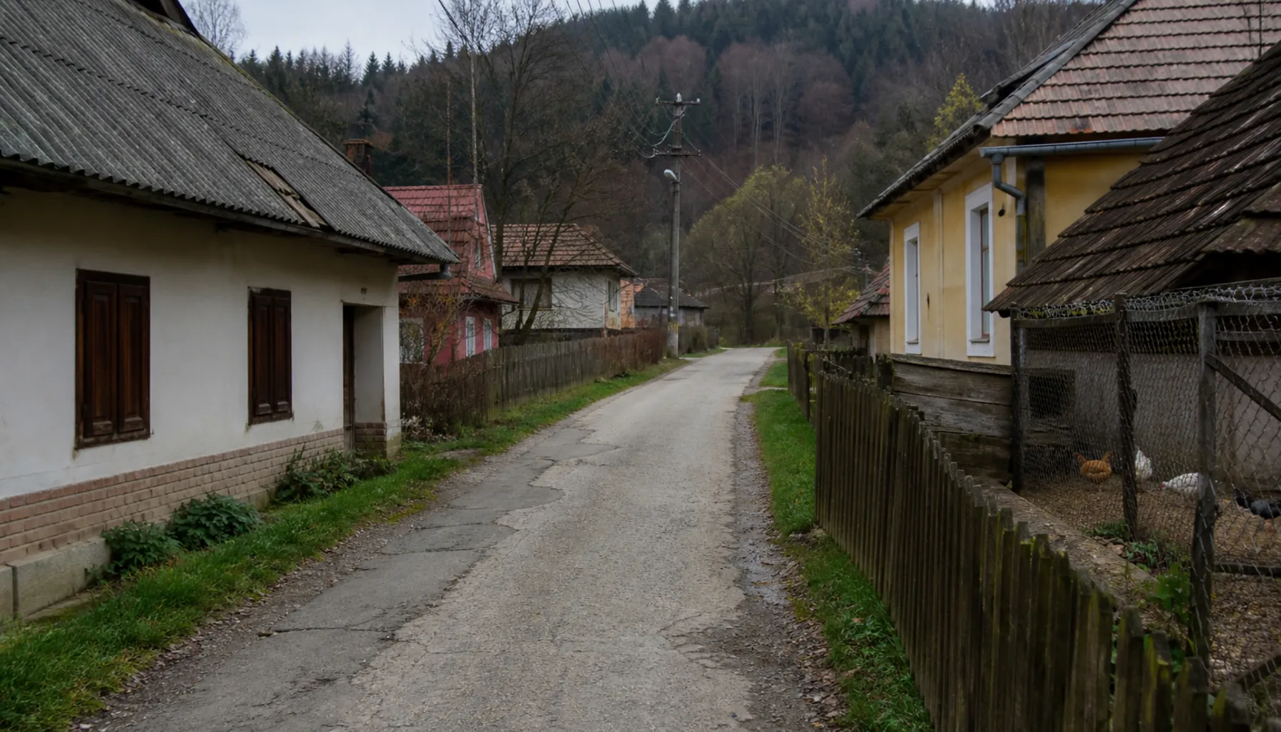 An empty village lane in the north-east with houses shuttered