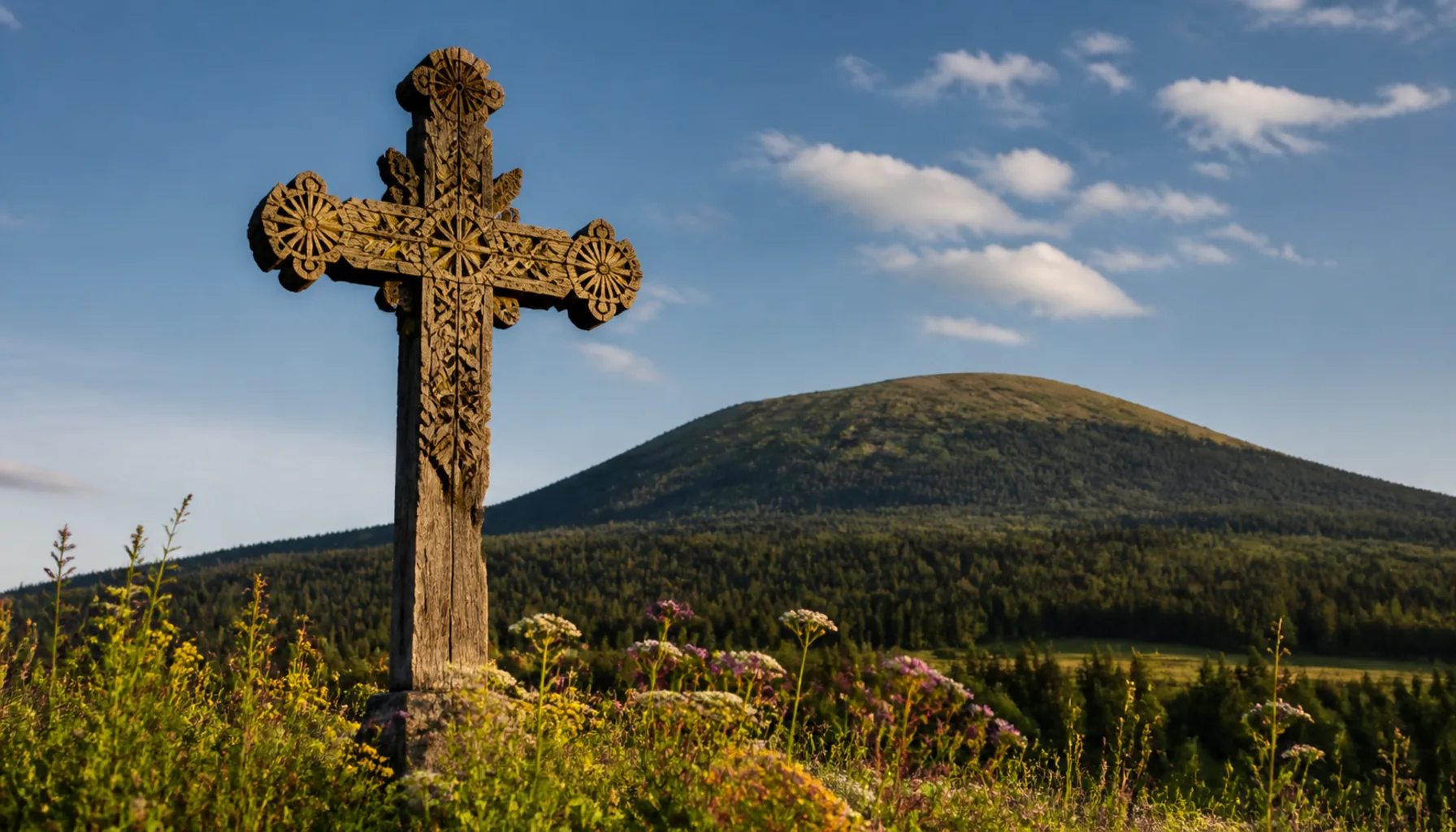A carved Detva cross against the volcanic bulk of Poľana