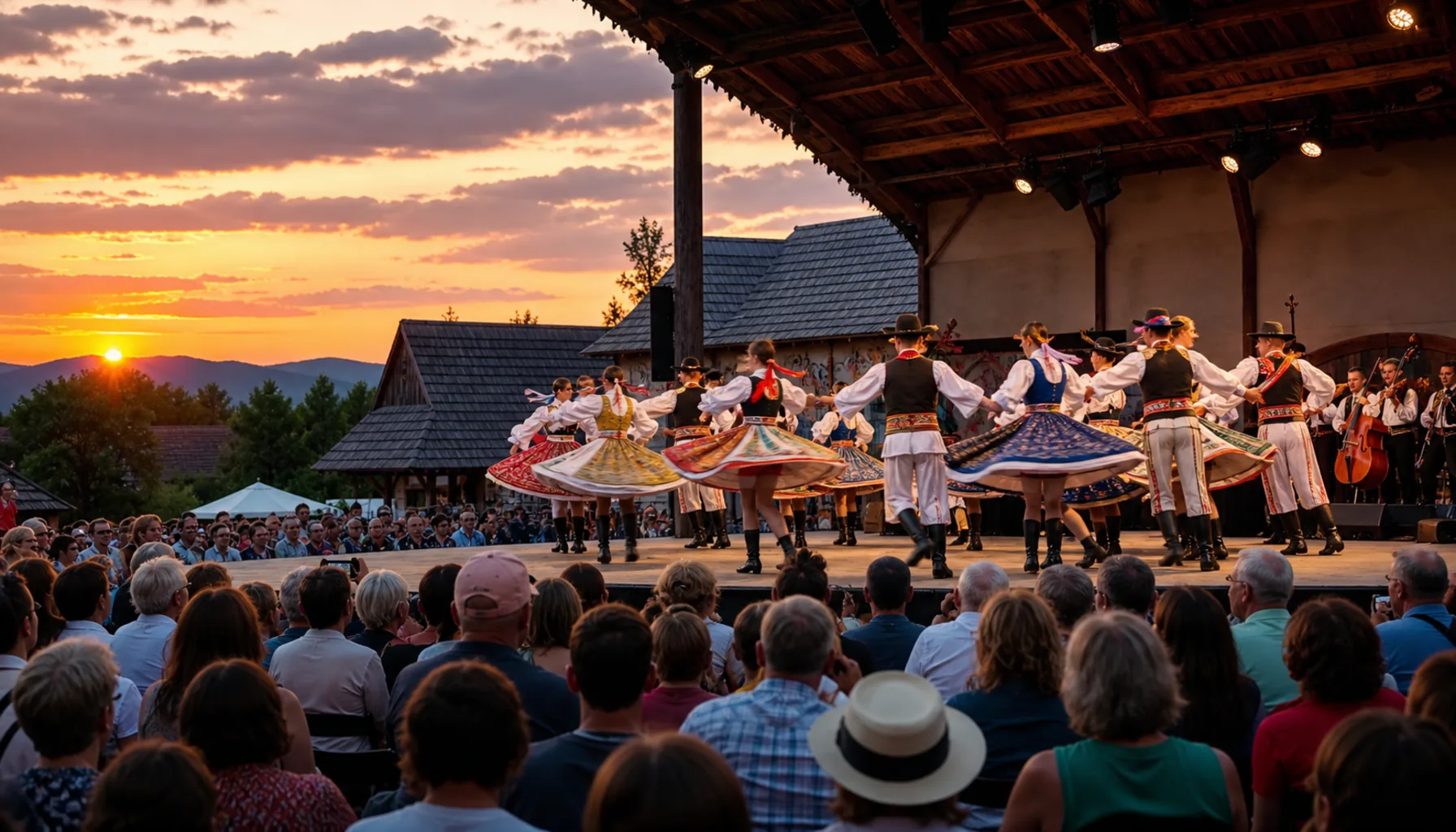 Folk-dance ensembles in full costume swirl across an open-air festival stage at dusk