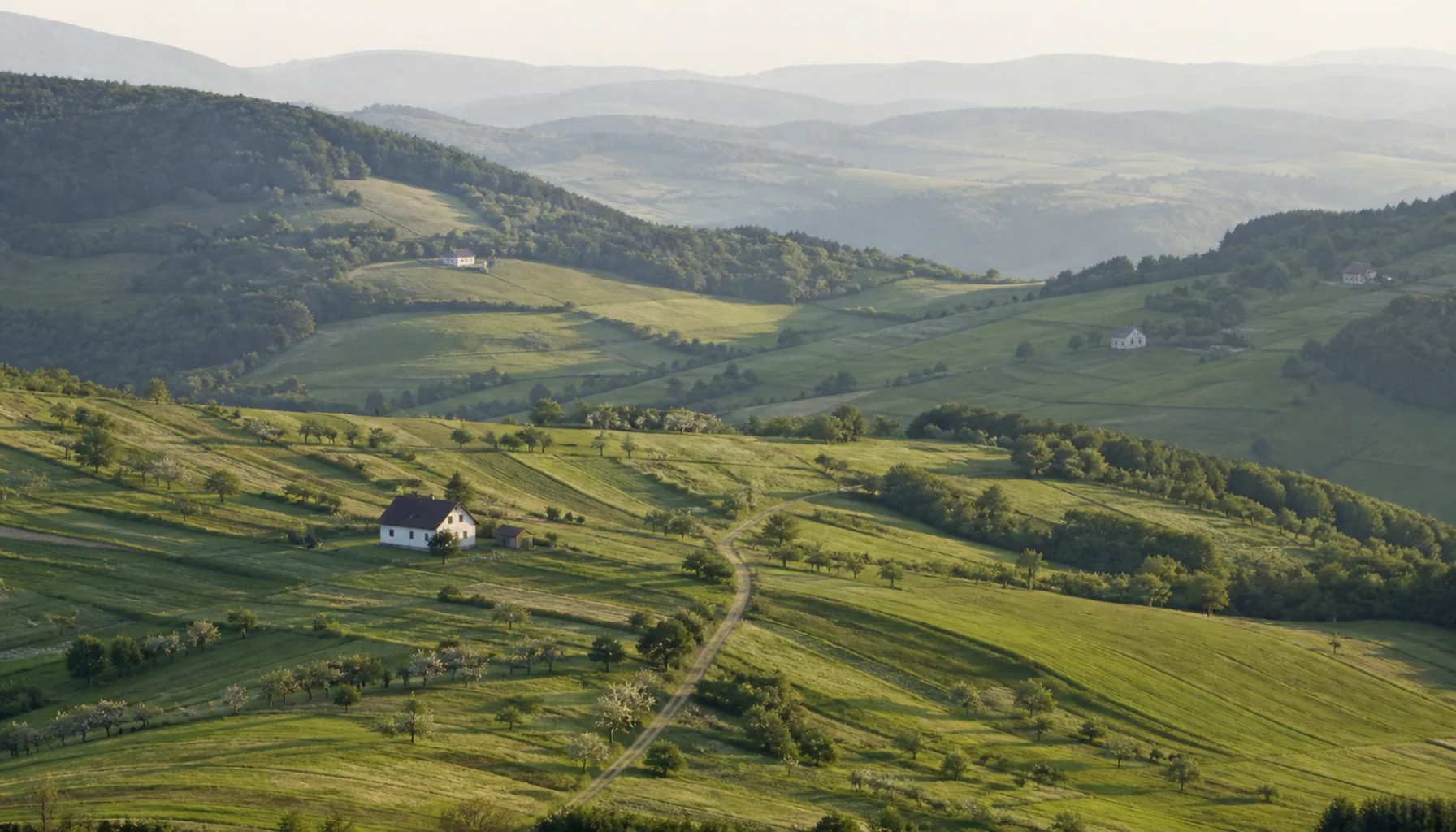 Kopanice country — farmsteads scattered singly across the hills