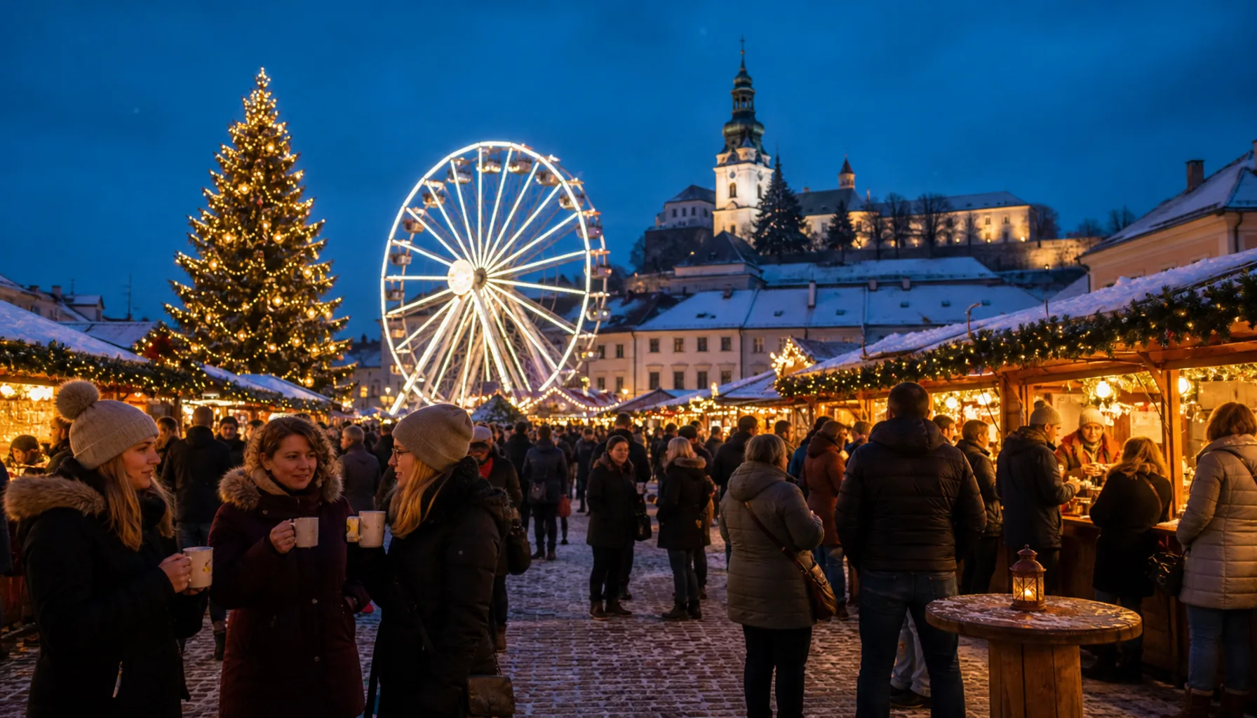 The Nitra Christmas Town glows on Svätoplukovo námestie — stalls, tree and observation wheel under a December sky