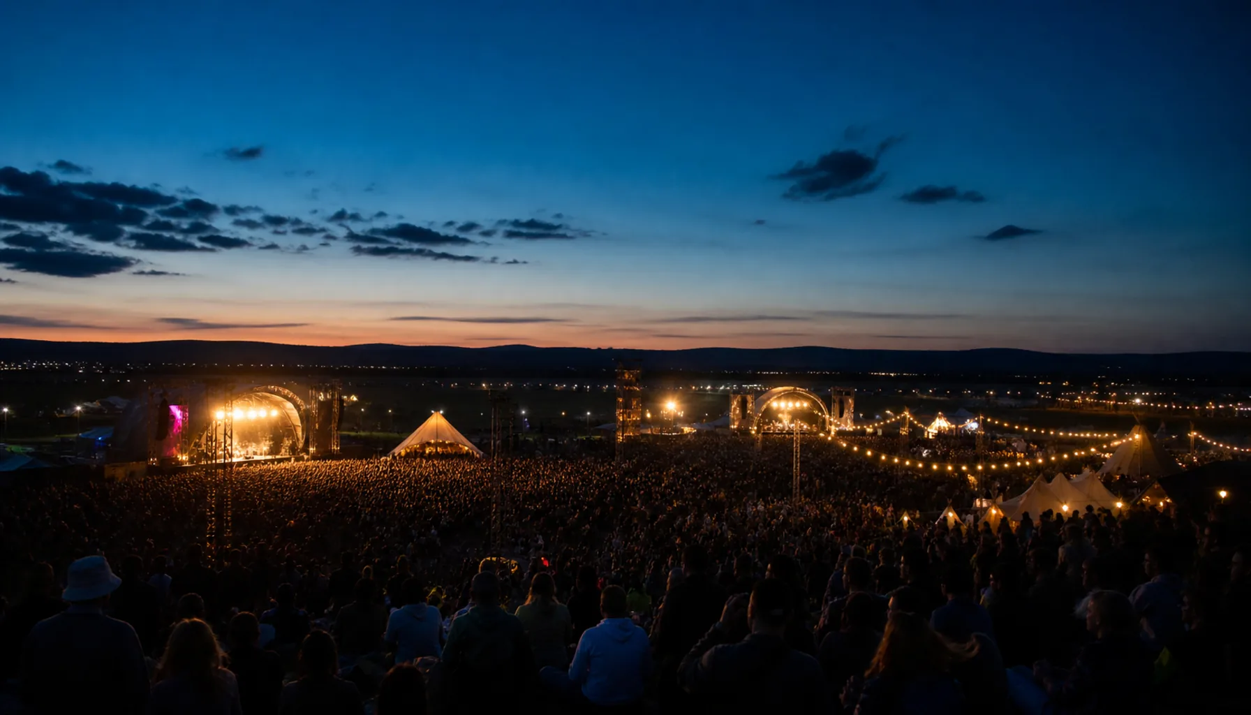 The airfield at dusk, stages lit and the crowd settling in for the night