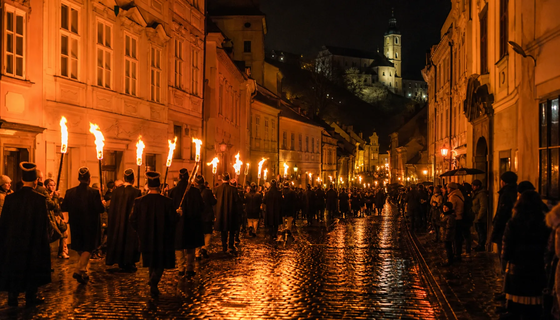 Torches moving down the old mining town's main street after dark