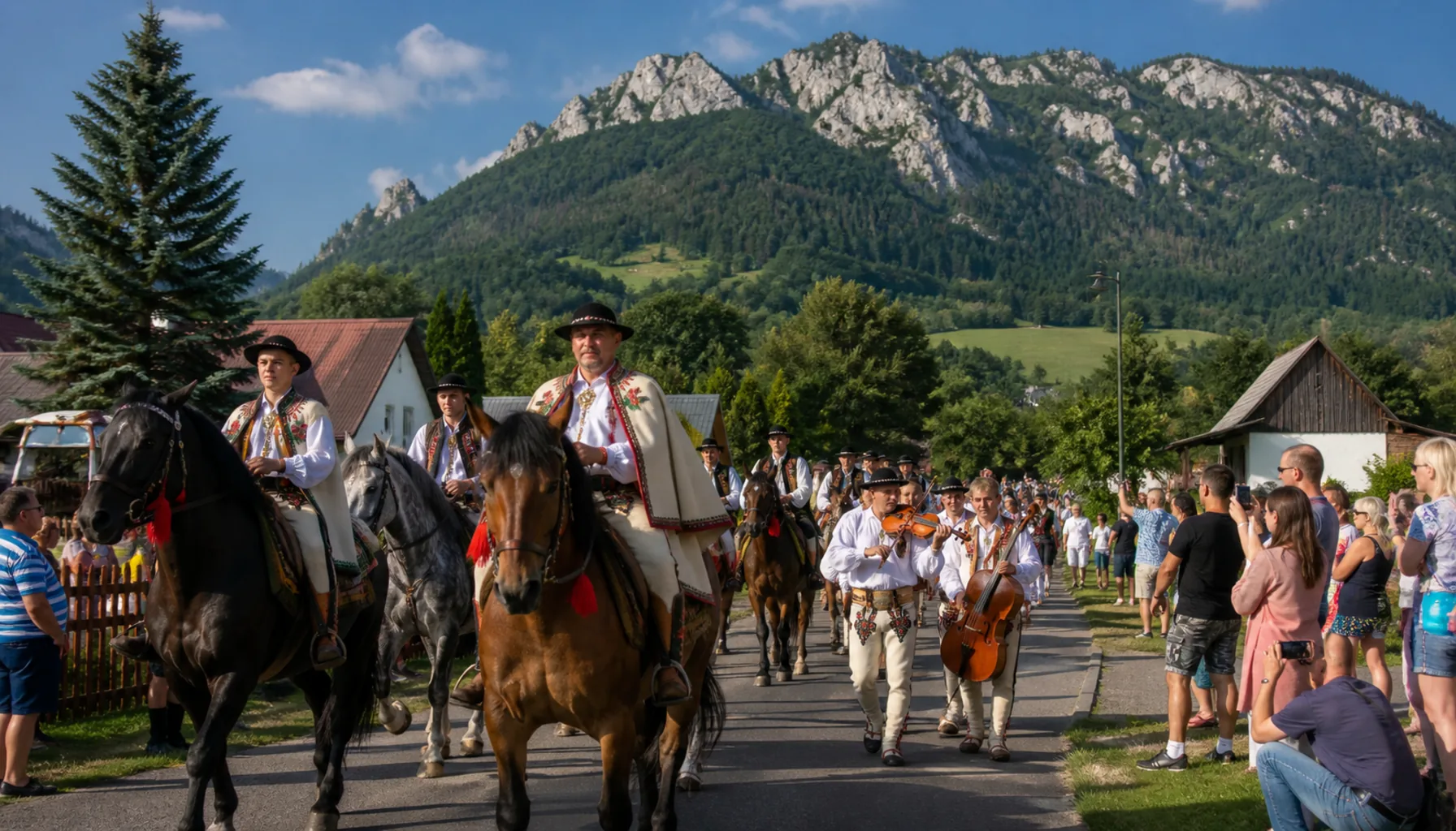 Horsemen and folk musicians ride toward the Vrátna valley during Jánošíkove dni in Terchová