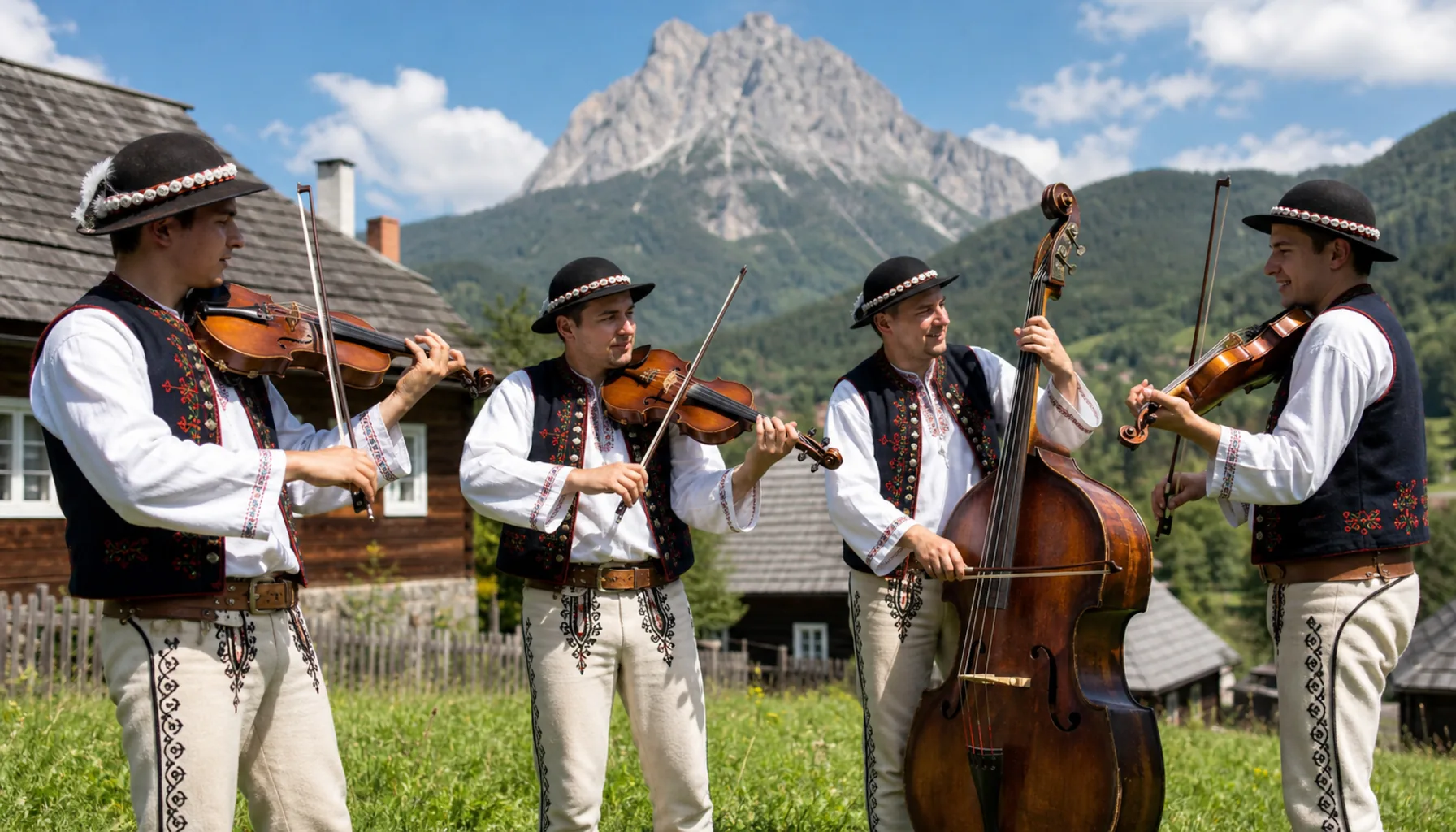 A Terchová string band playing outdoors under the Malá Fatra