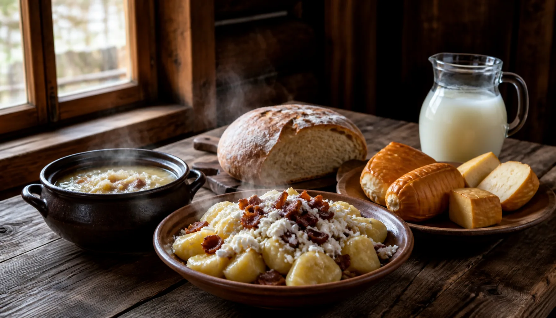 A Slovak farmhouse table laid for a feast — halušky, kapustnica, fresh bread and sheep cheeses waiting for the family