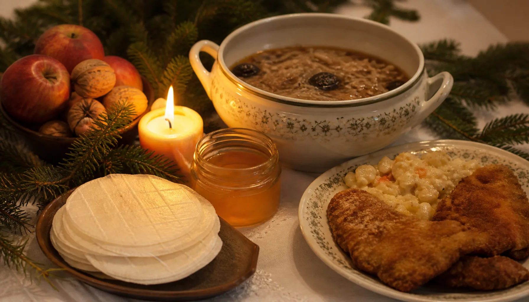 A Slovak Christmas Eve table set with oblátky and honey, kapustnica and fried carp with potato salad