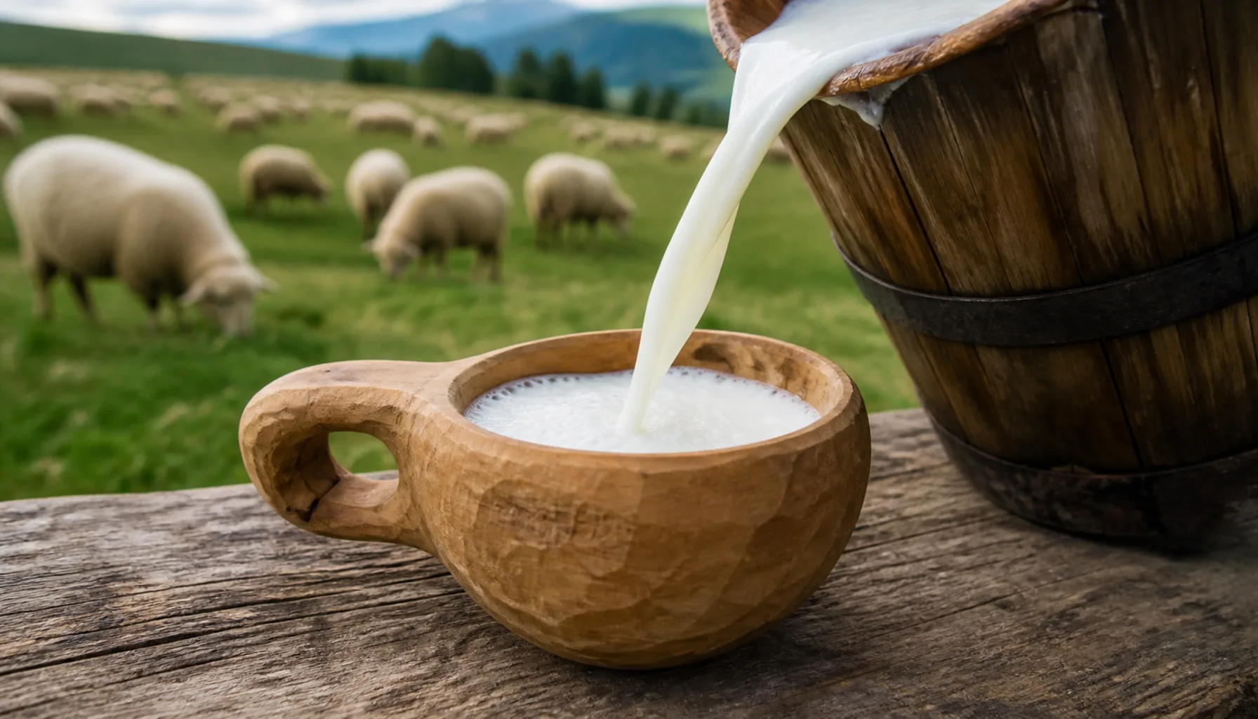 Žinčica poured into a carved wooden črpák at a mountain sheep farm