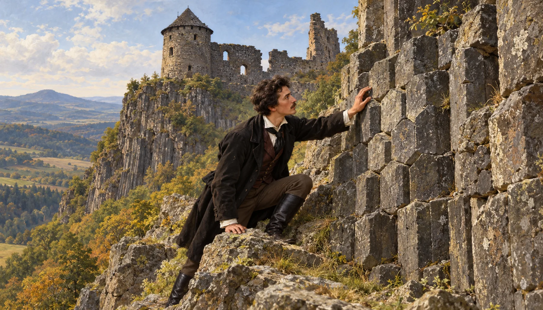 Petőfi climbs up to look at the stone