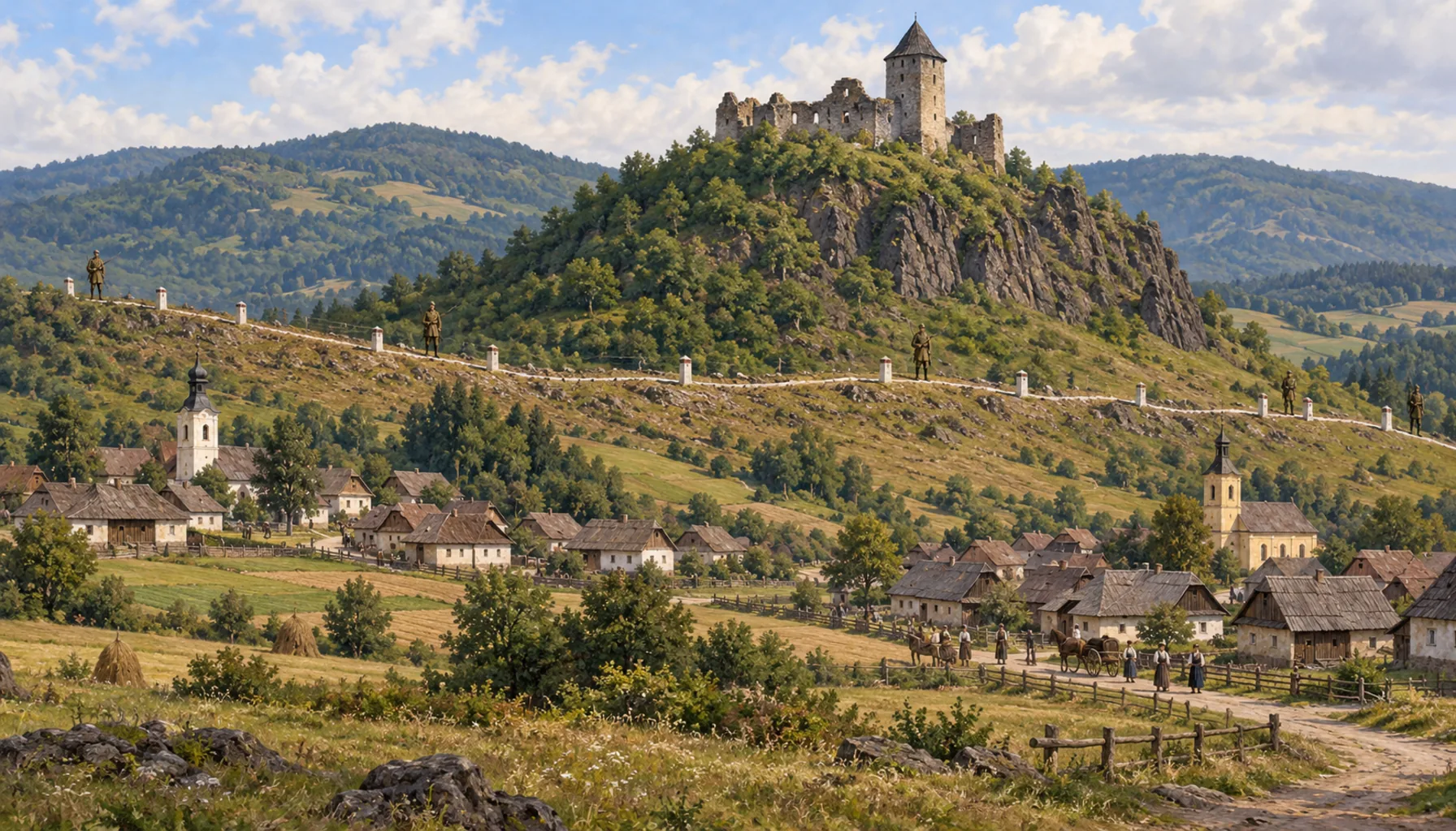 The border is drawn between the castle and its village