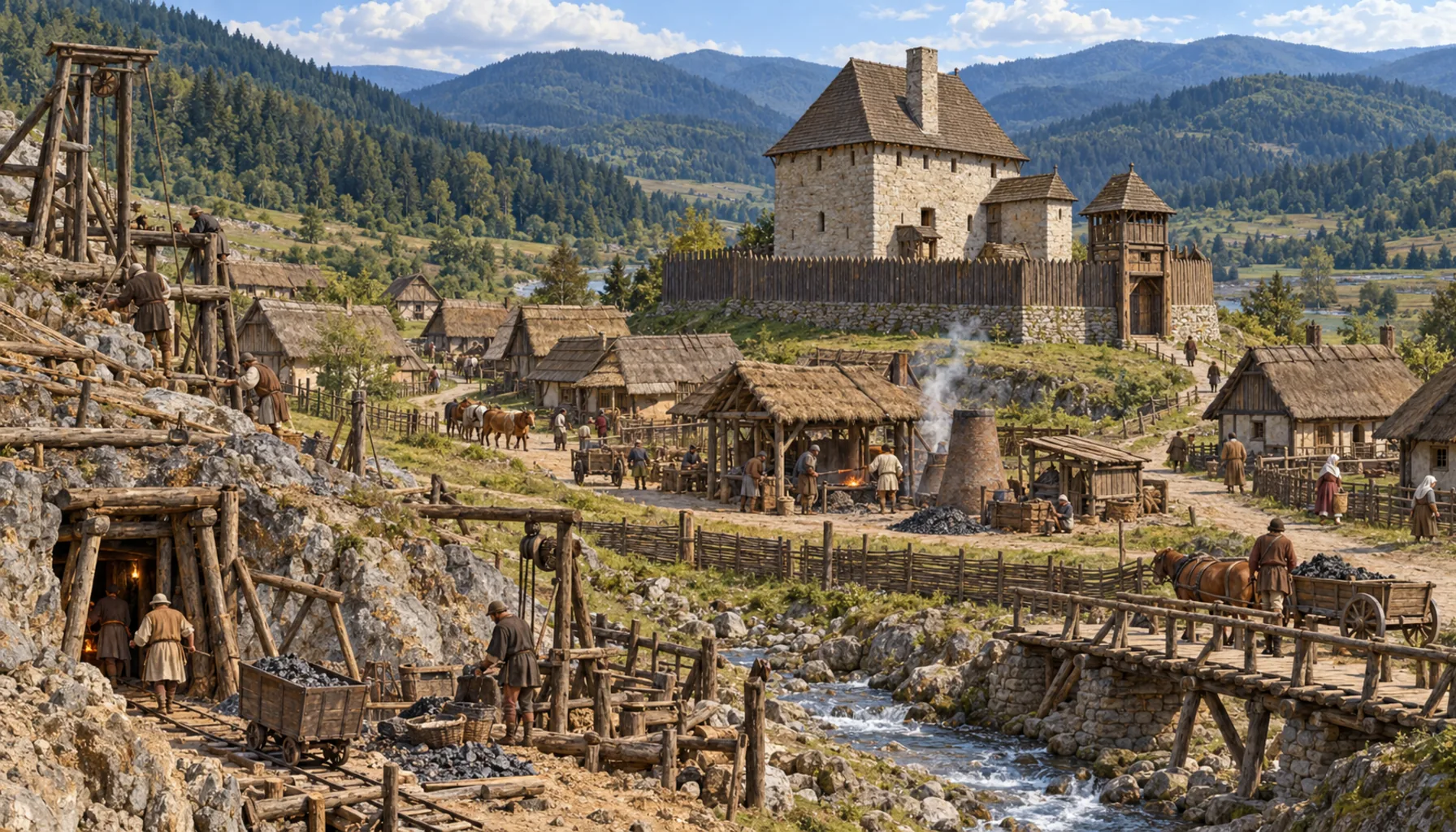 A mining village with a fortified house in it