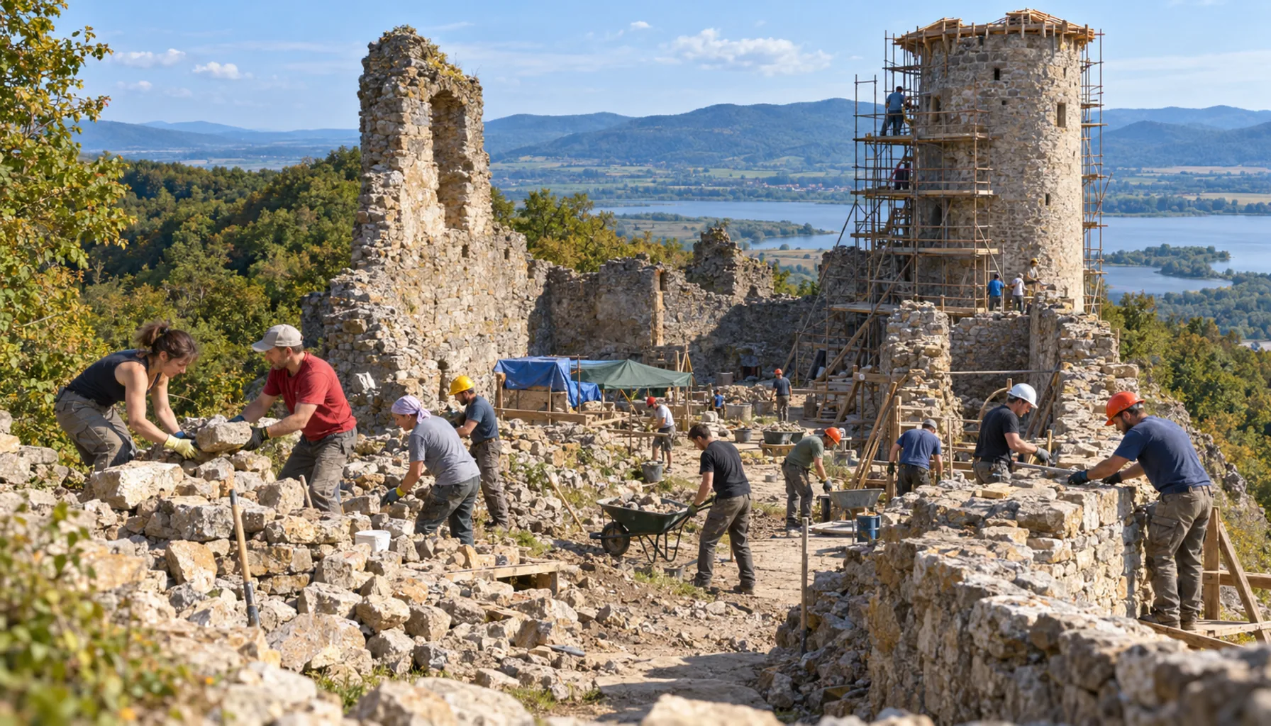 Volunteers put the walls back up