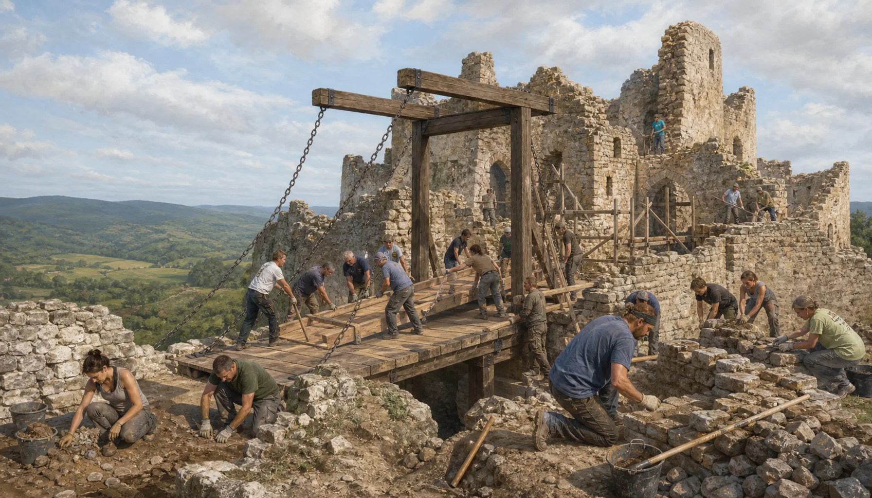 Volunteers put the drawbridge back