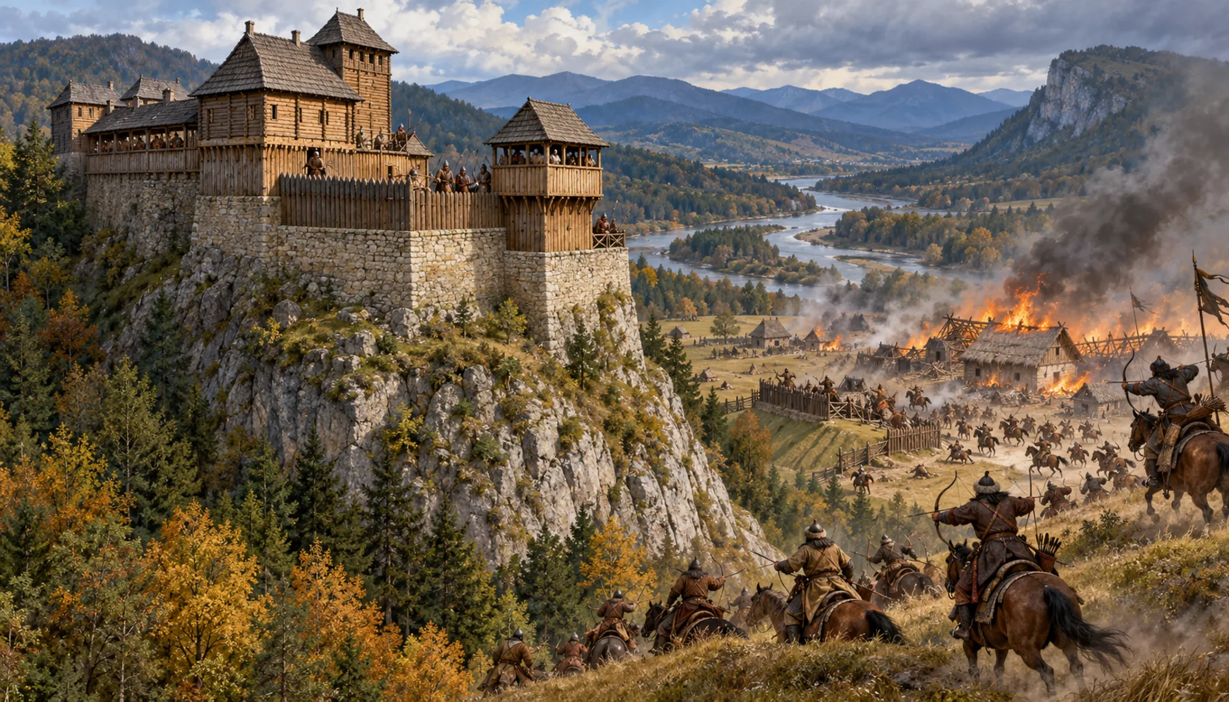 A stone floor with a wooden castle on top