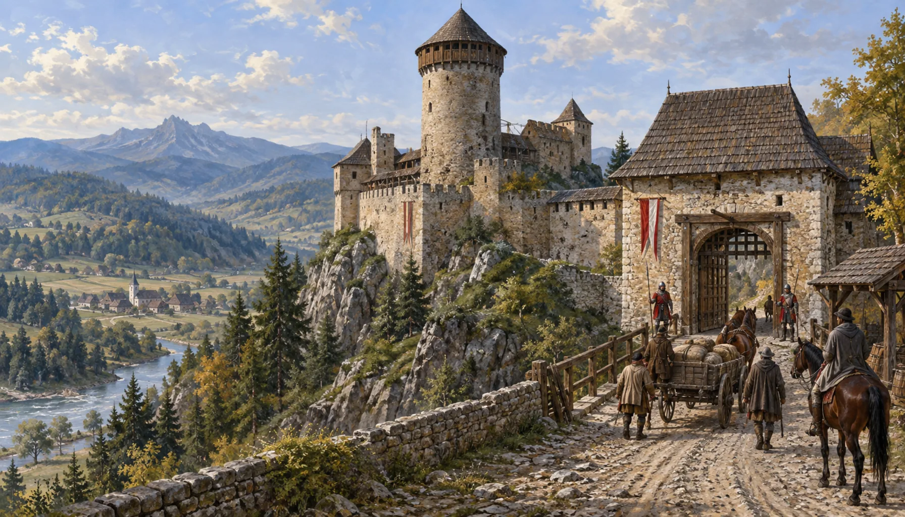 A round tower and a toll gate
