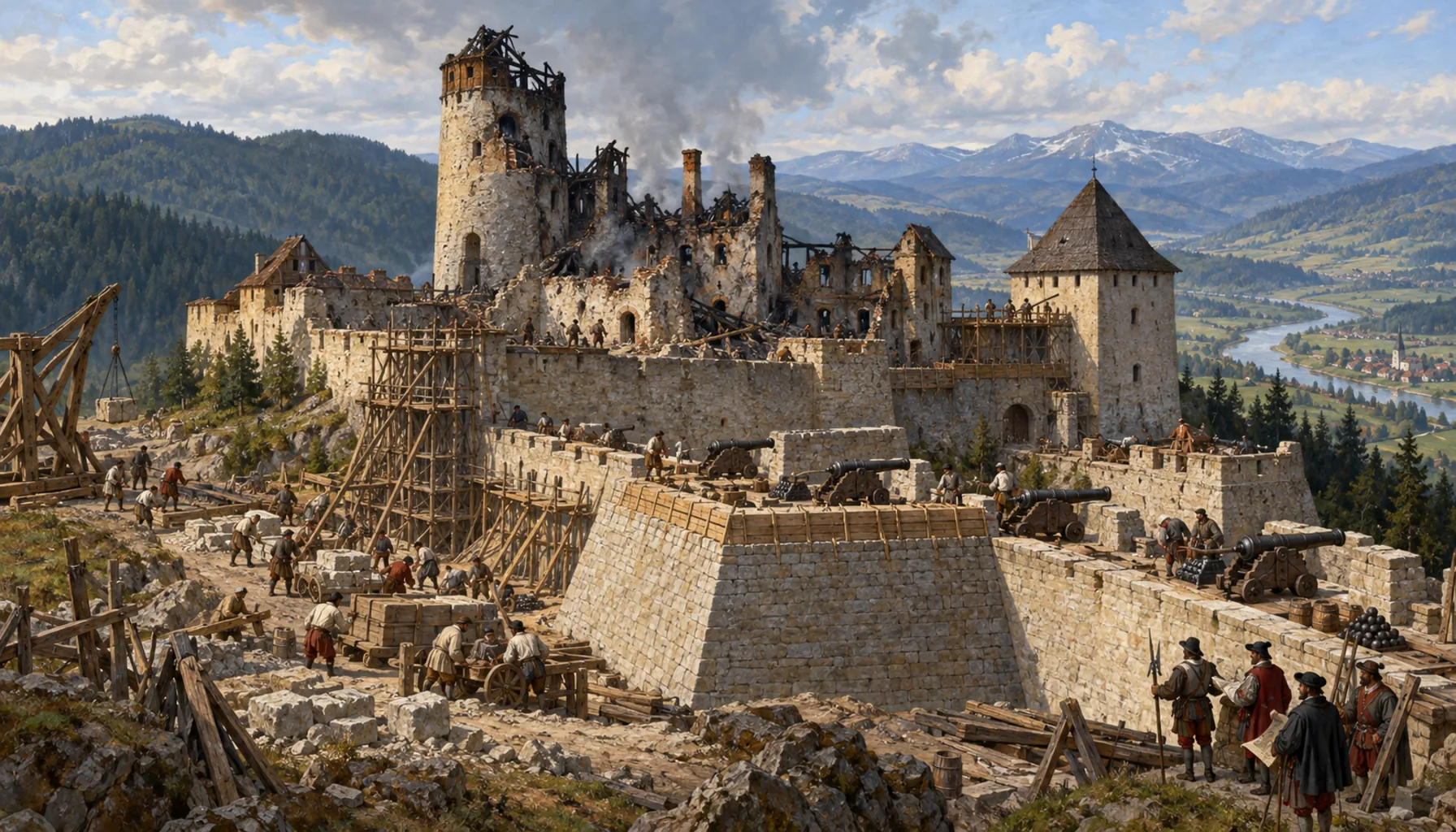 Burned down, rebuilt for cannon