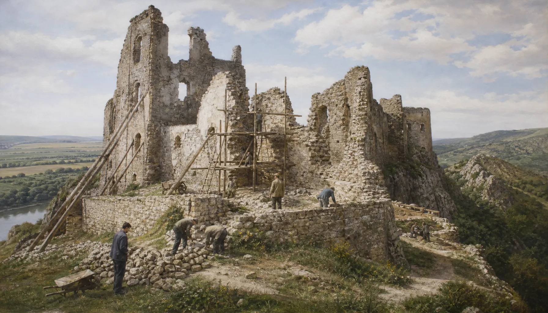 Listed, propped up, kept as a ruin