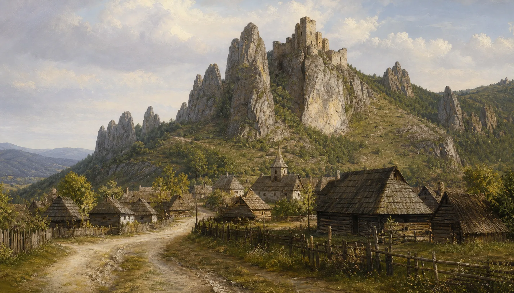 A village, a road and a rock