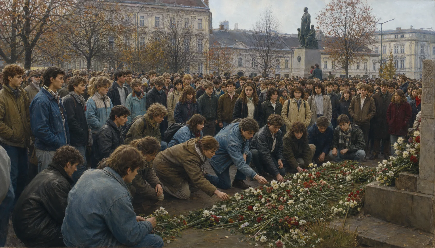 Students, flowers and a square full of people