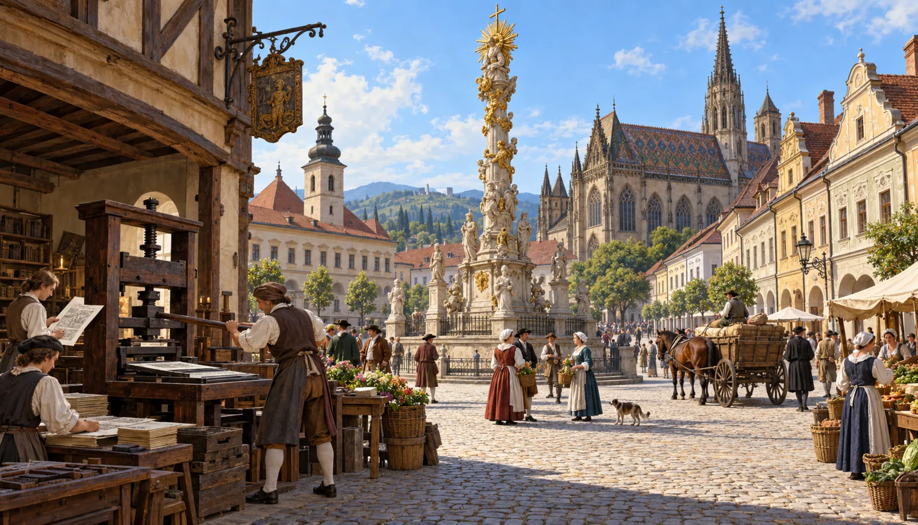 A quieter century: plague column and printing press