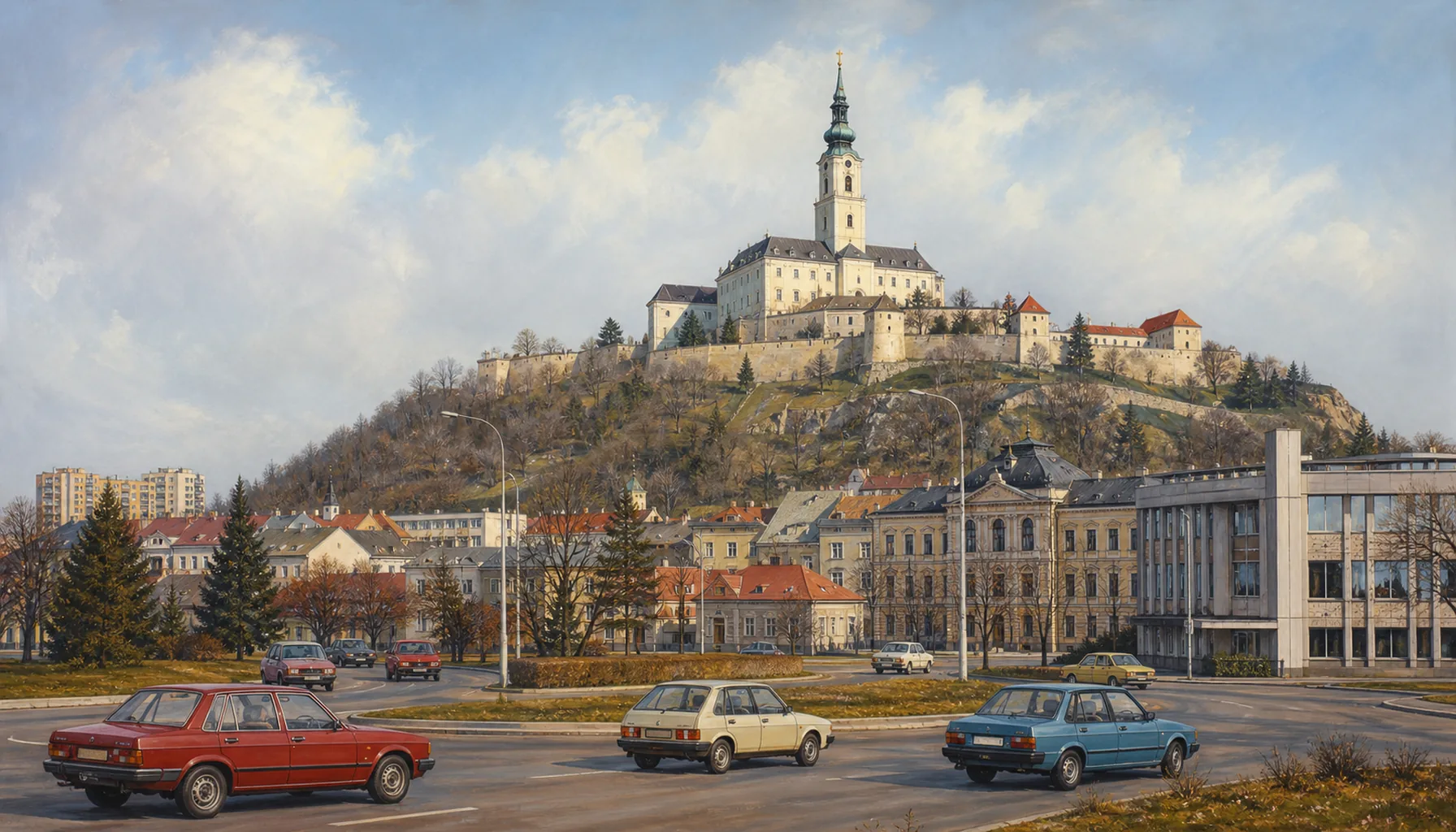 Cars on the plain below the castle