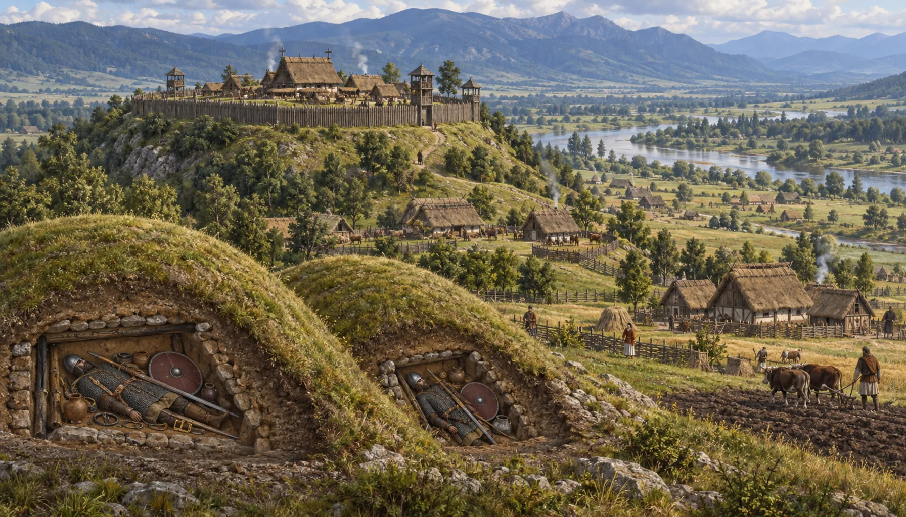 Great Moravia in the valley, and warriors under mounds
