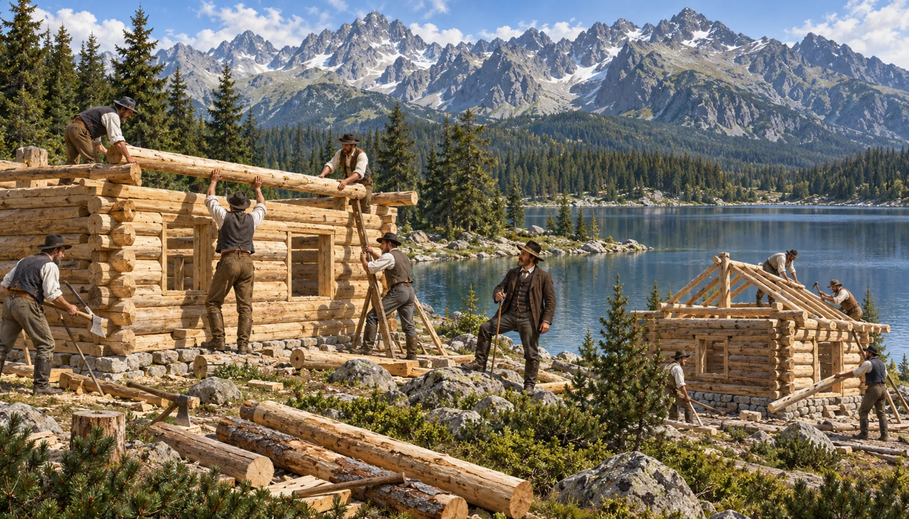 Somebody builds a cabin by a lake