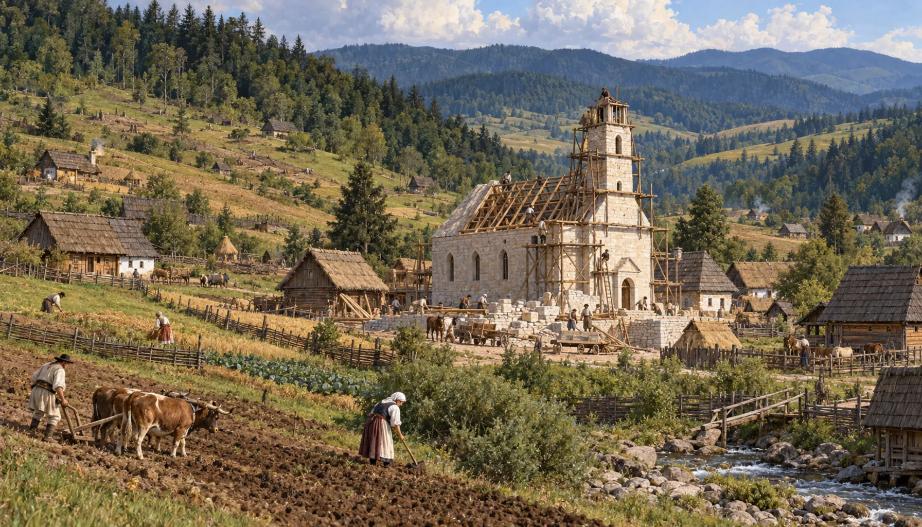 A church, and farms creeping up the hillsides