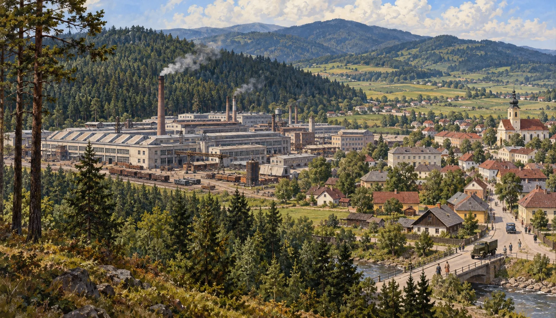A factory in the woods, and a town