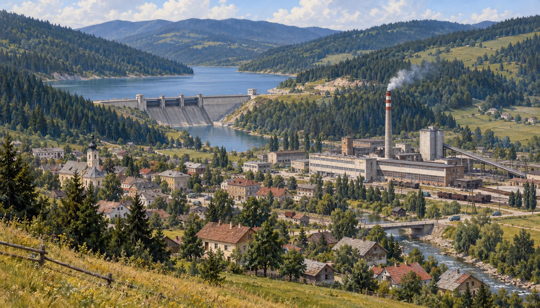 A reservoir, and a factory