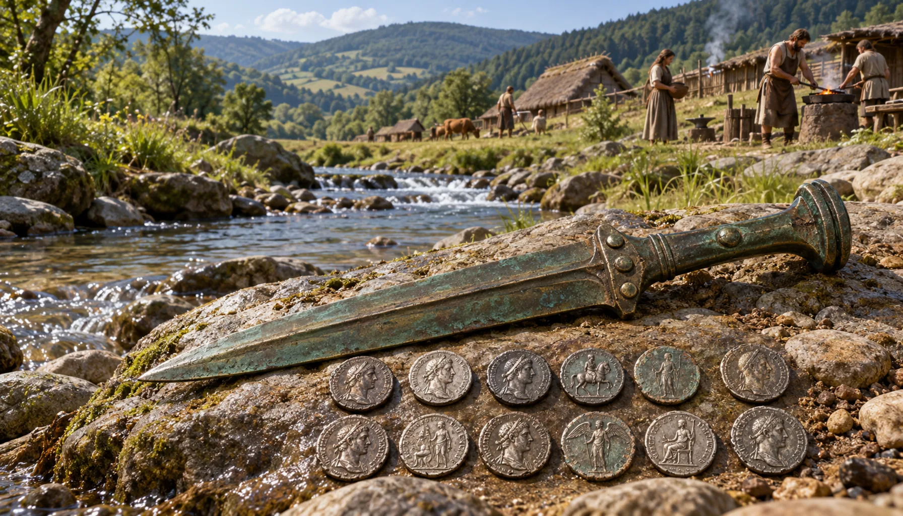 A bronze dagger, and twelve Roman coins