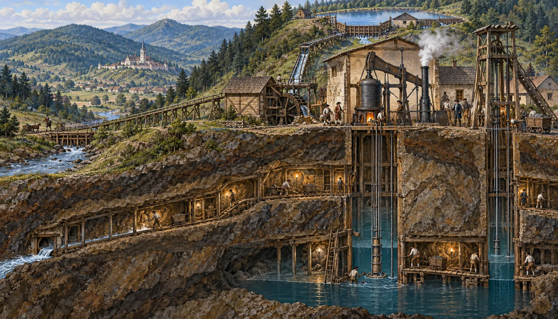 Water below, machines above