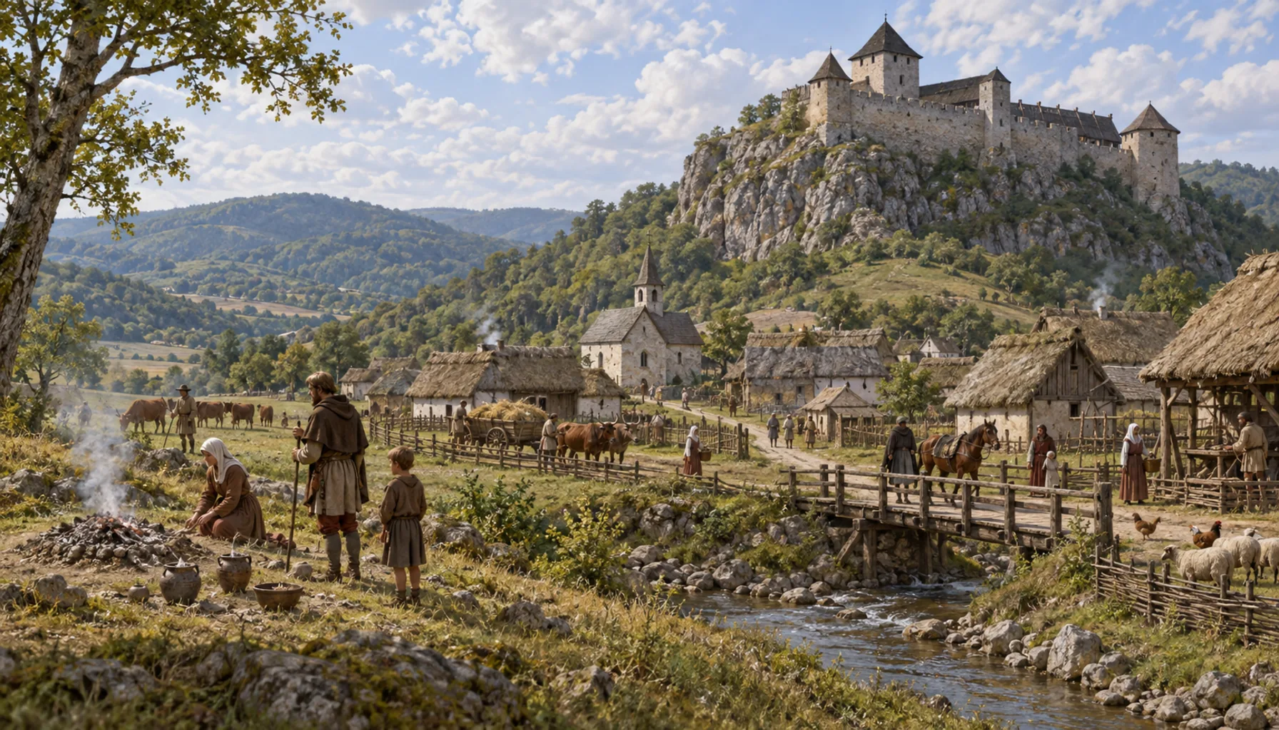 A settlement below a castle