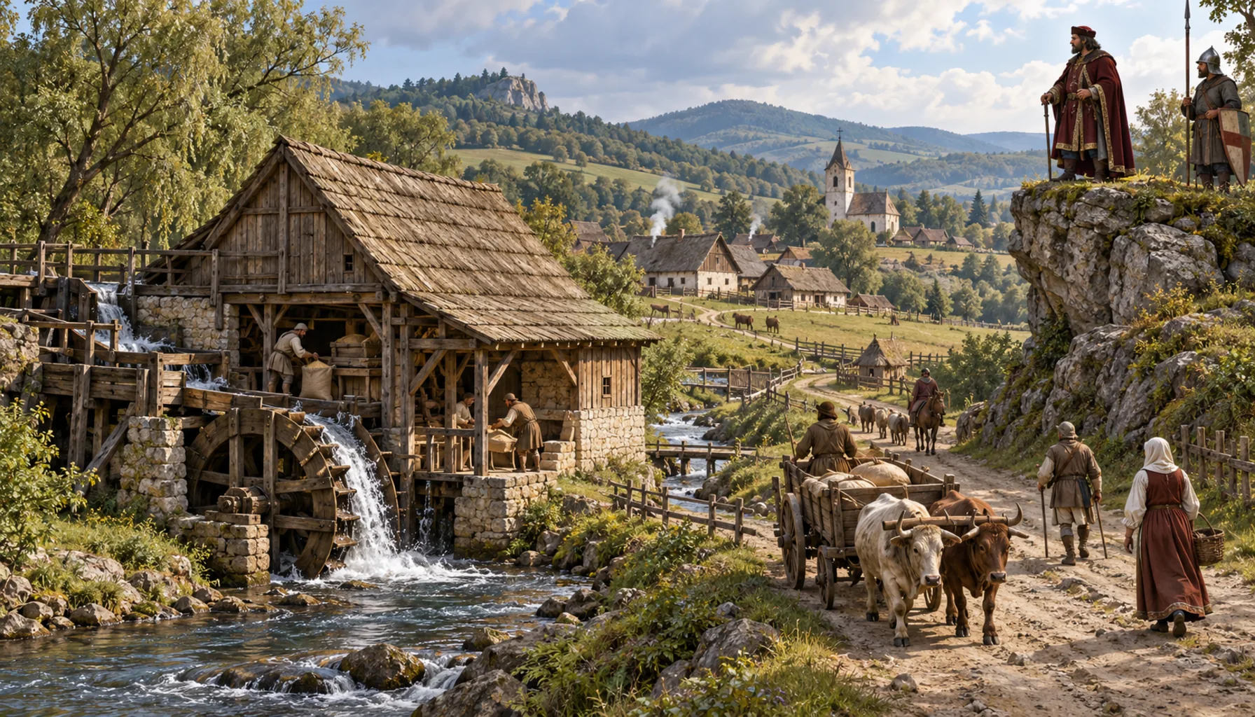 A mill, a road, and a landlord on a rock