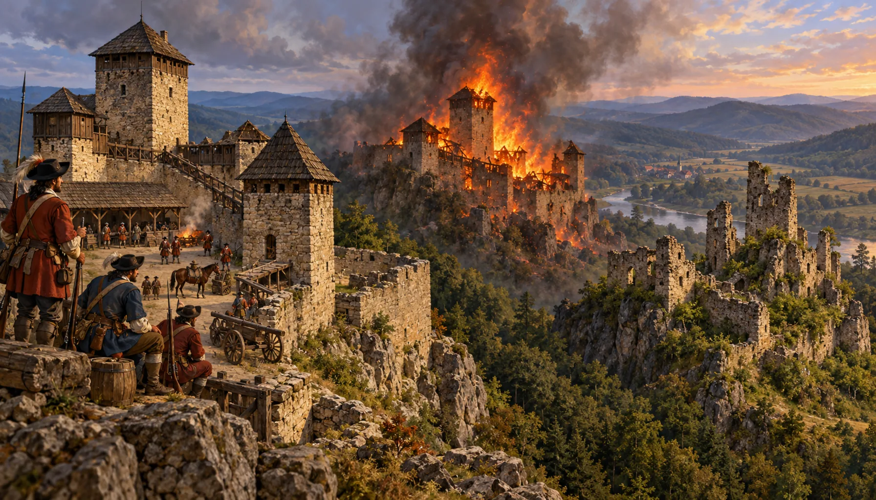 Soldiers, then a fire, then a ruin