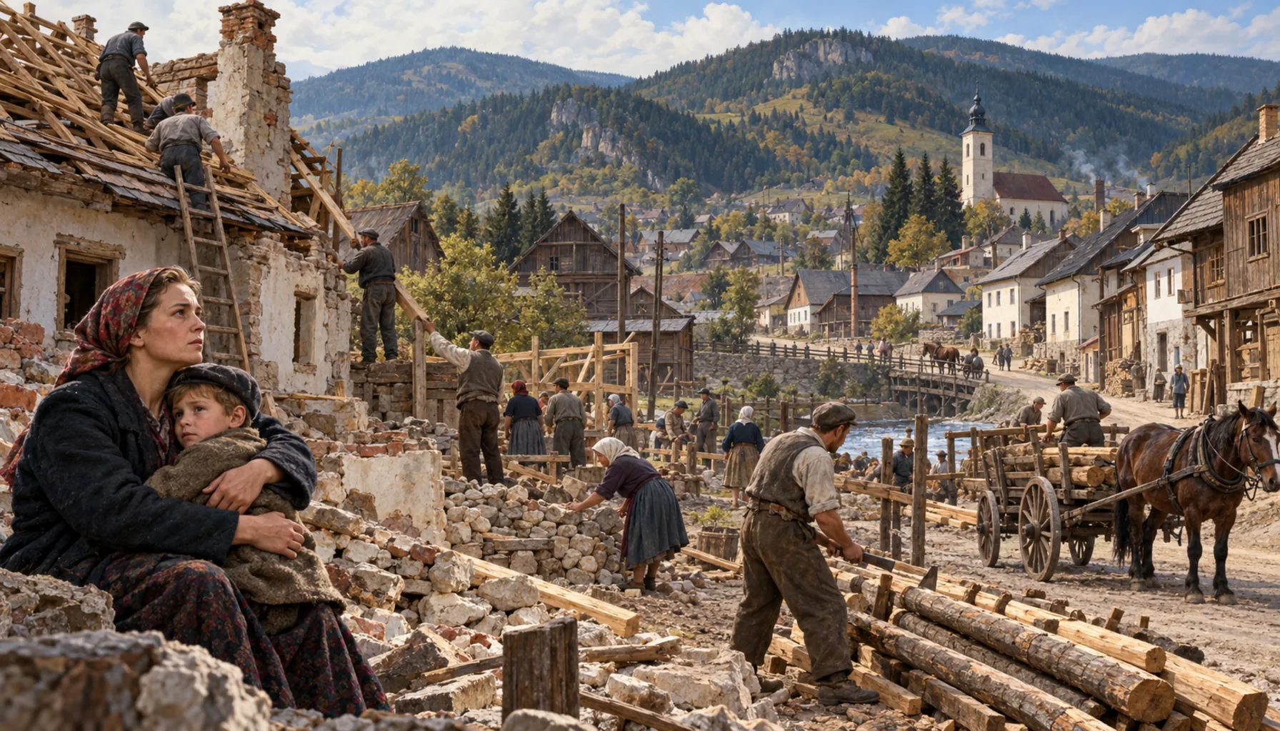 Rebuilt villages, and a timber town