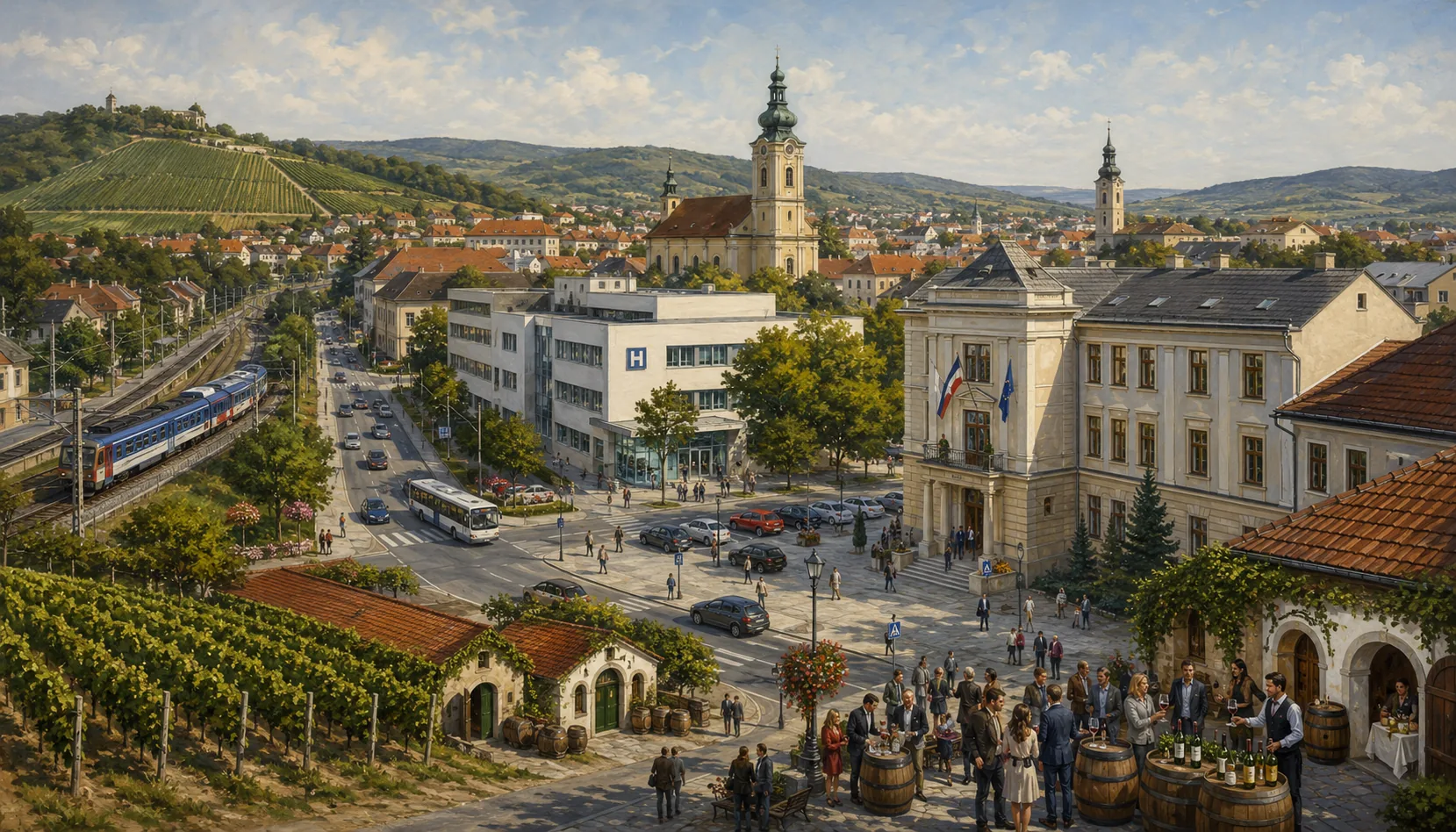 District town, wine salon, commuter town