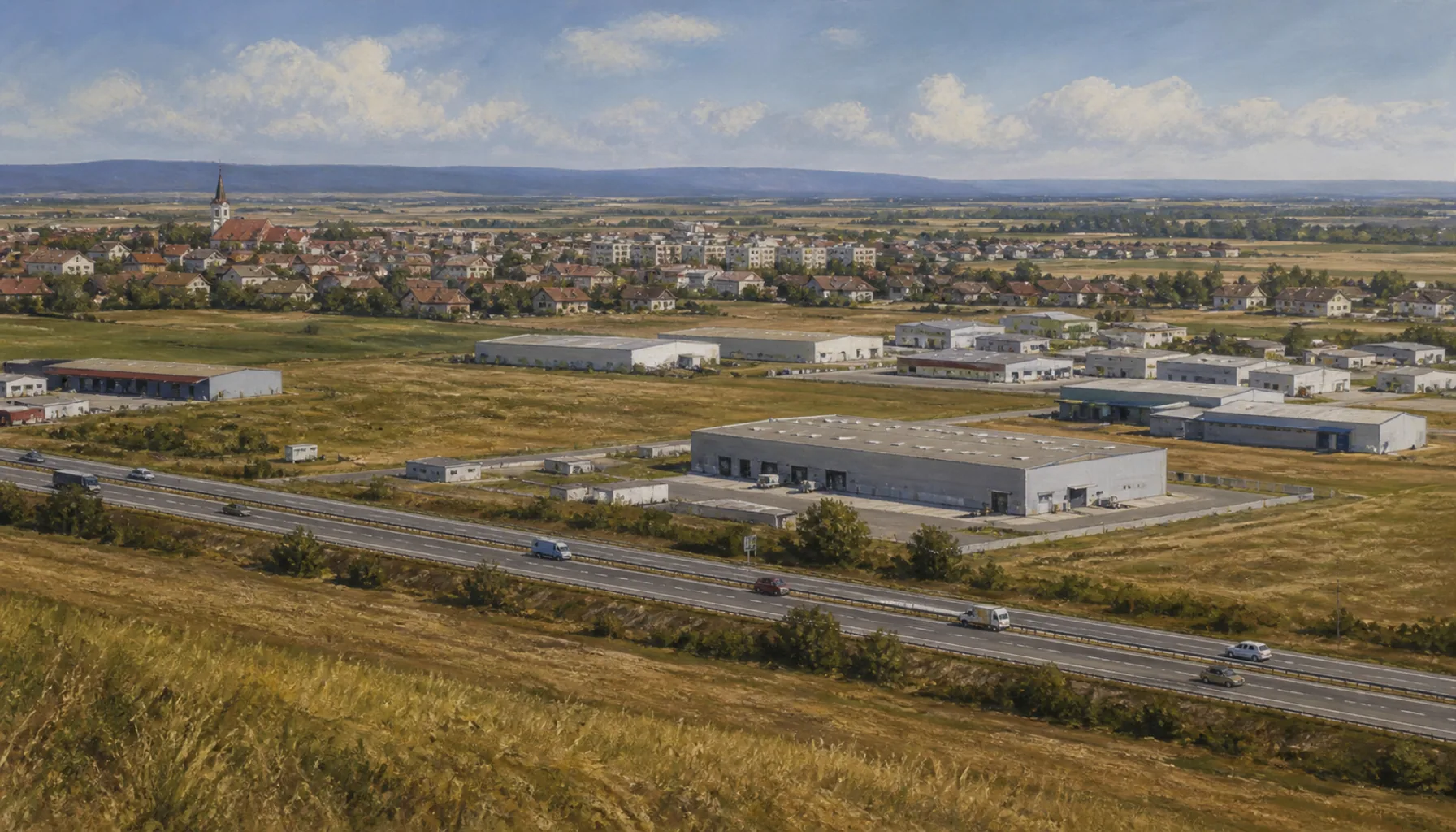 Warehouses on the same flat ground