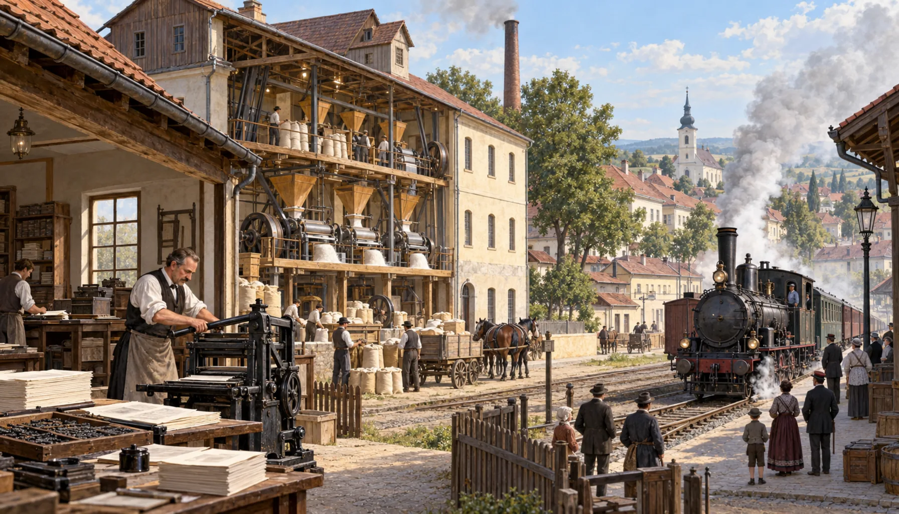 A mill, a printing press and the first train
