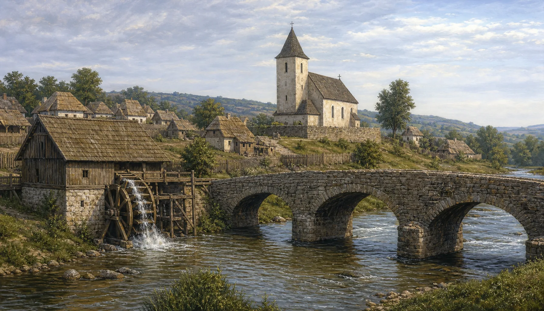 A church, a mill and a stone bridge