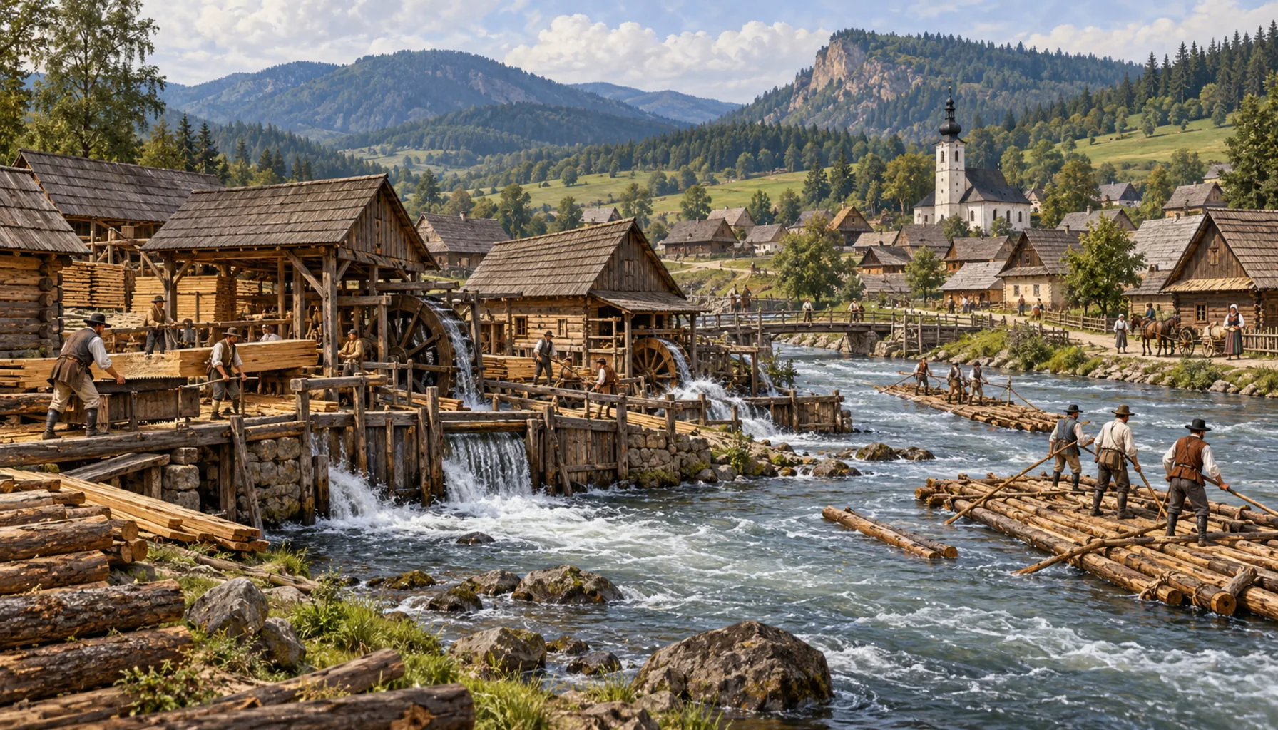 Mills, sawmills and rafts
