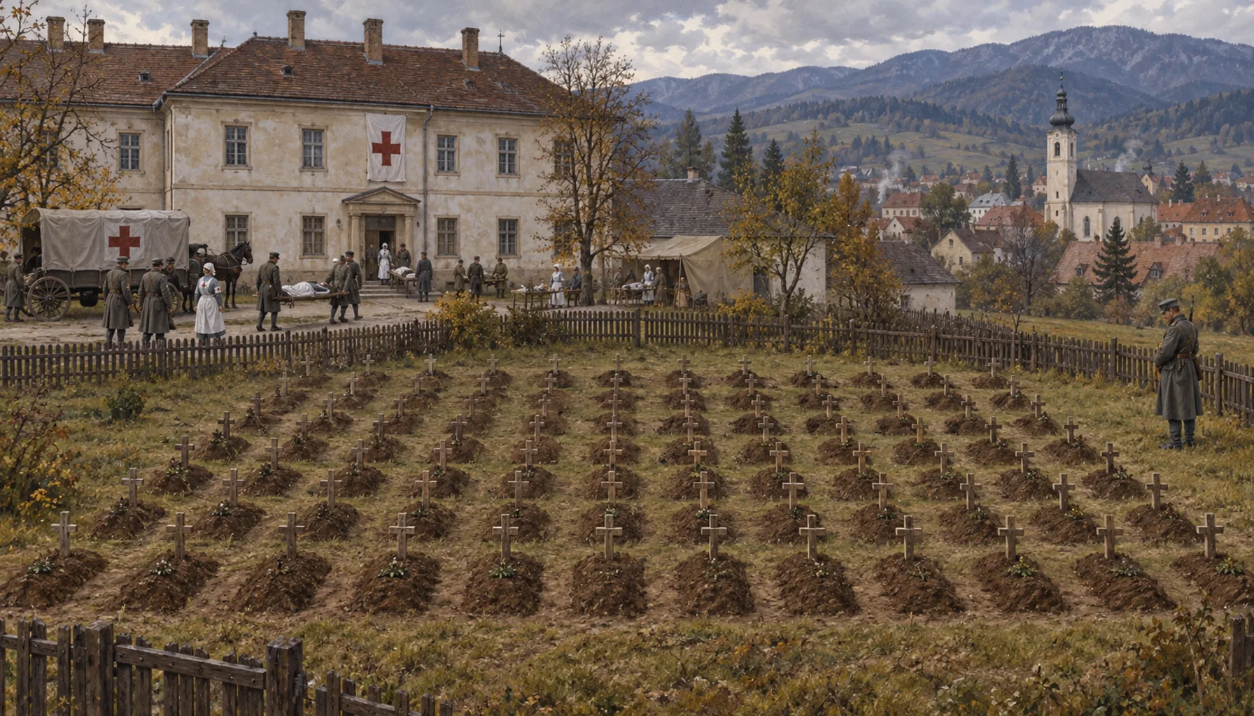 A military hospital and sixty-four graves