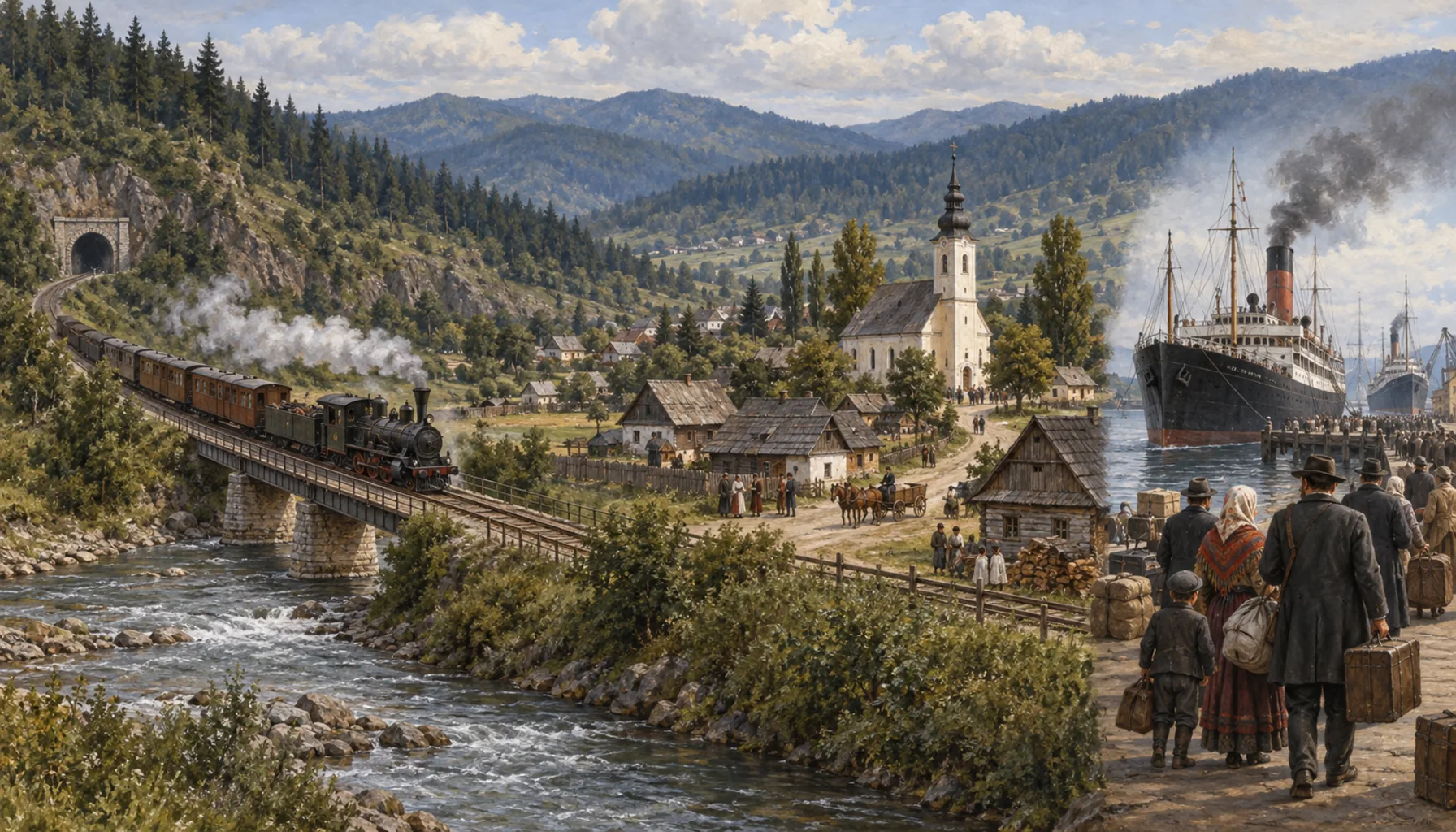 The railway, the church and the ships to America