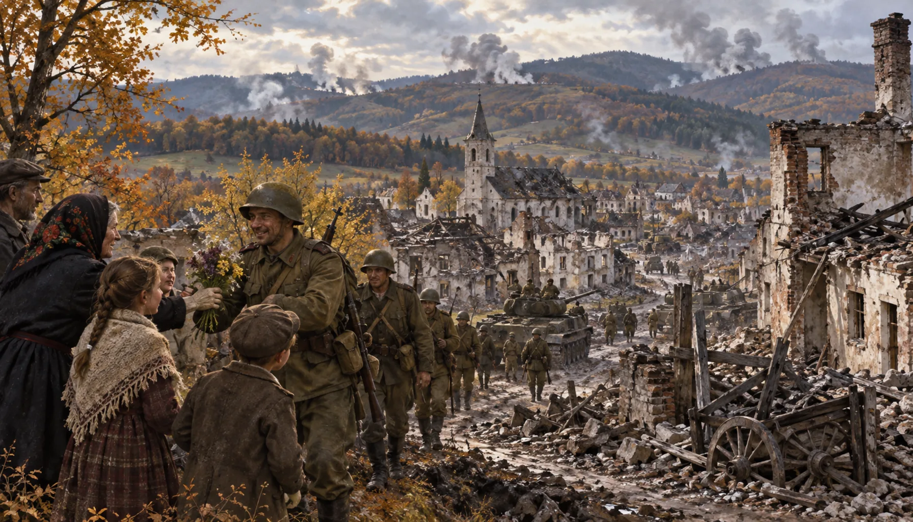 The first village freed, and a town in ruins