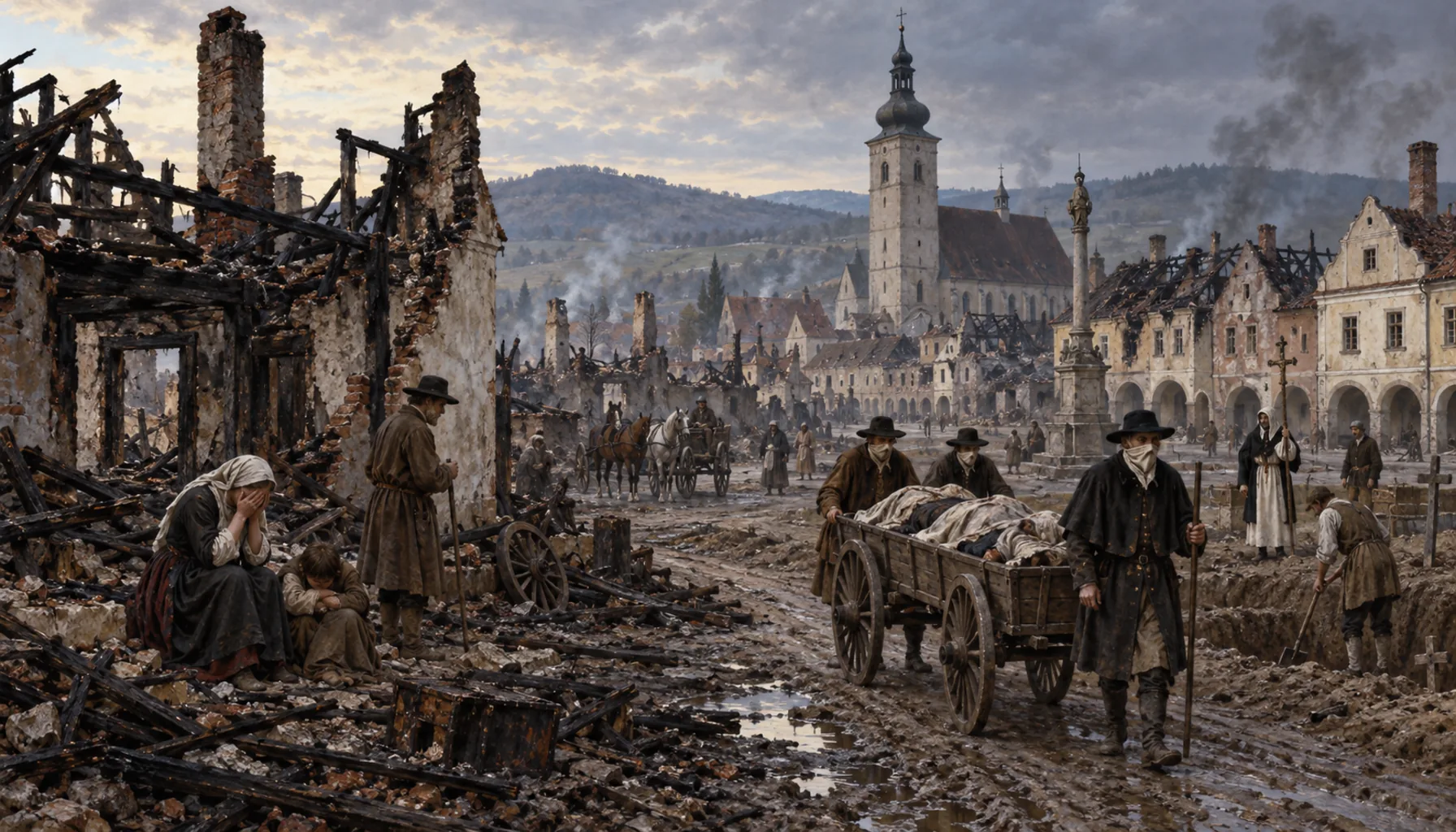 Burned, then halved by plague