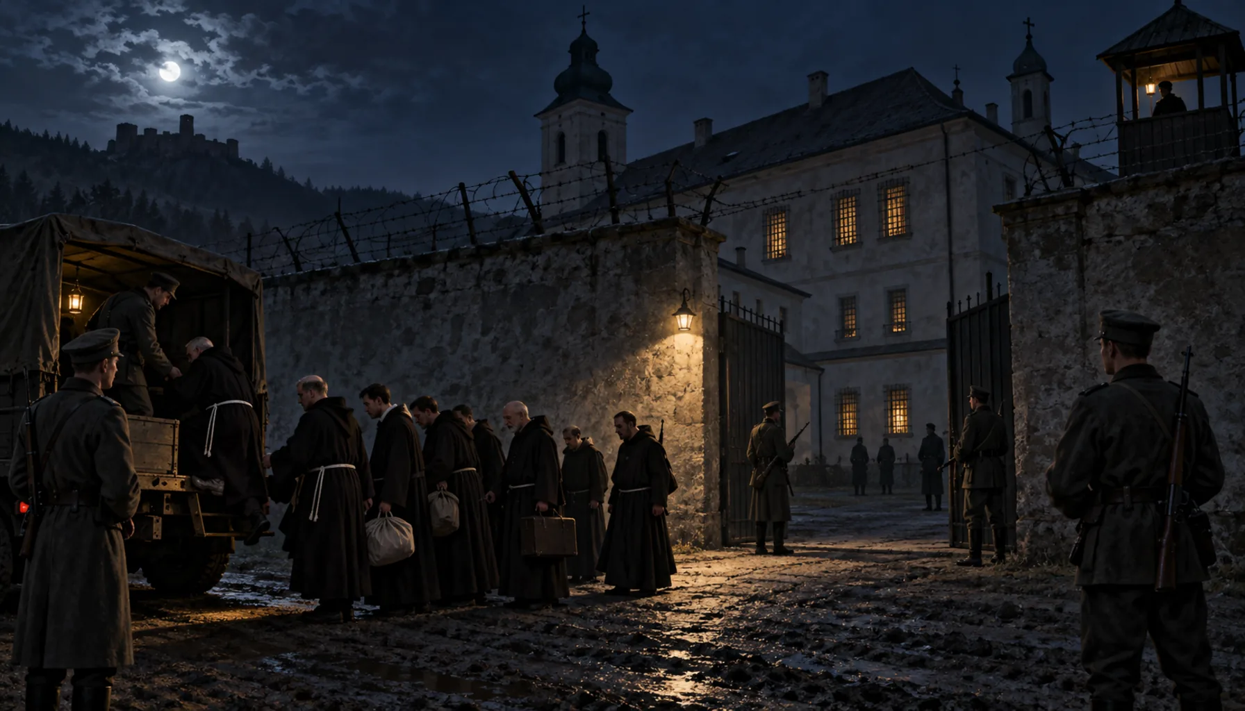 Barbed wire round a monastery